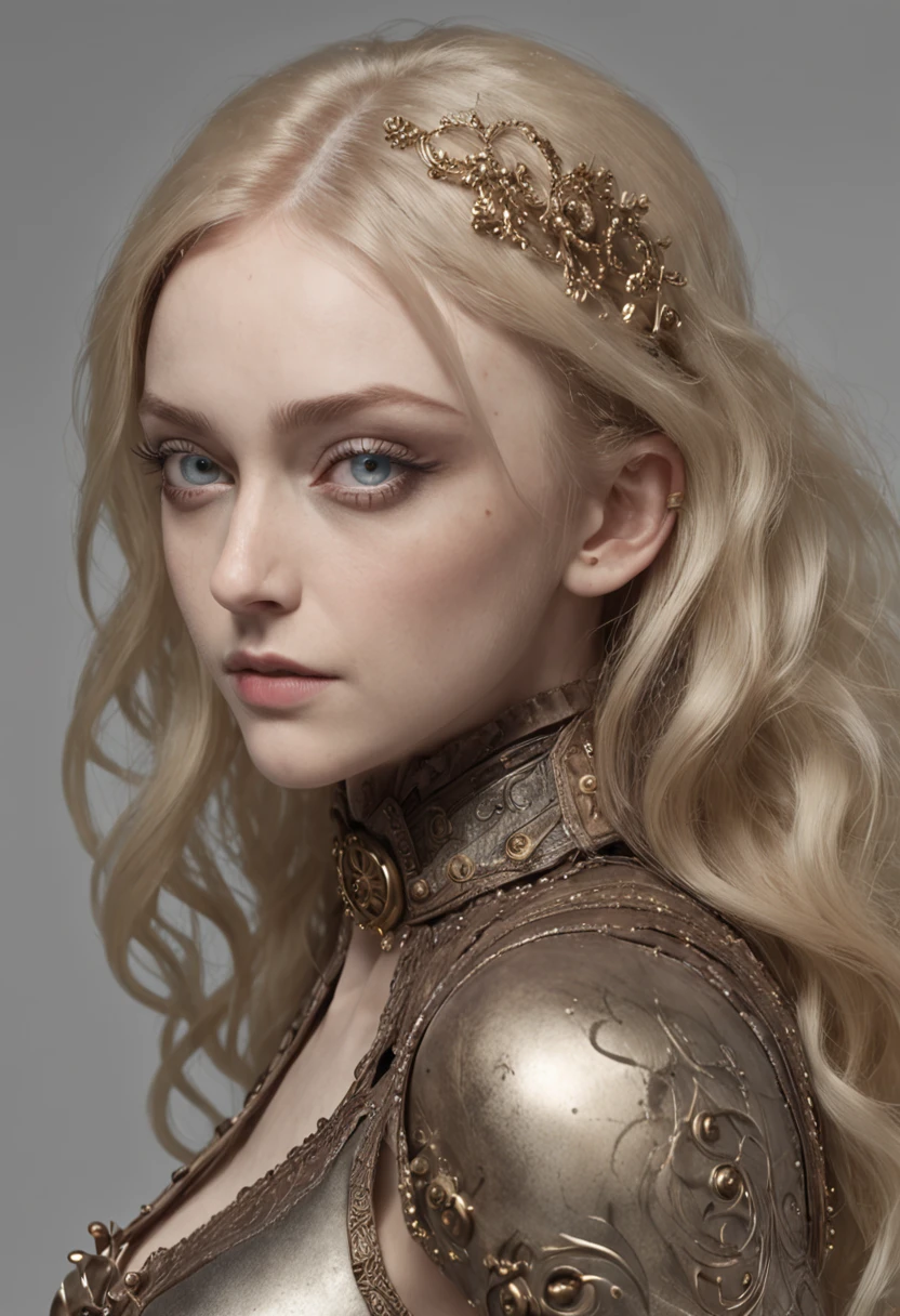 Dakota Fanning como bela mulher steampunk deslumbrante, (corpo inteiro), olhos ultra-detalhados, corpo ultra-detalhado, nice perfect guy with soft skinice, corpo feminino deslumbrante, ((ultra-detailed hands)), obra-prima conceito fantasia arte, trending on ArtStation, hiper-detalhado, Arte Digital, Motor irreal, 32k, Ultra HD | | |, imagem centrada, arte de Luis Royo e artgerm e greg rutkowski e Alphonse Much