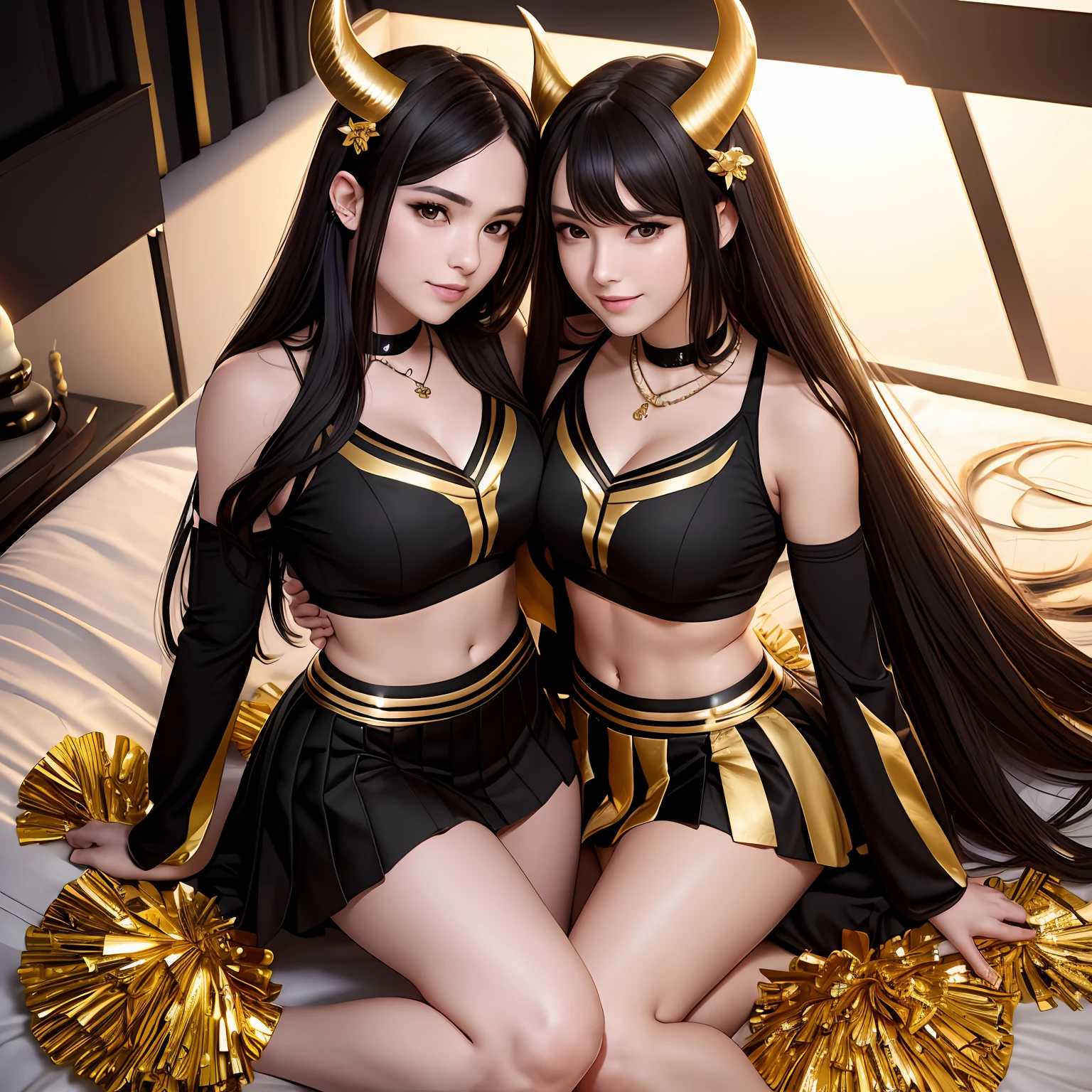 best quality, masterpiece, highres, 2 women, hair ornament, necklace, jewelry, Beautiful face, tyndall effect, photorealistic, dark studio, rim lighting, two tone lighting, (high detailed skin:1.2), 8k uhd, dslr, soft lighting, high quality, volumetric lighting, smile, Photograph, high resolution, 4k, 8k, Bokeh, full body, horns, (shiny black and gold cheerleader outfit), bed, legs spread, lying down, pleated skirt,
