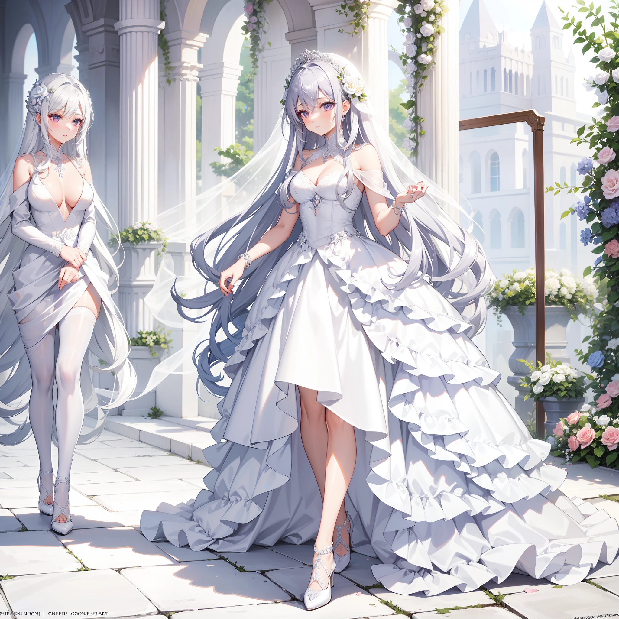 silver-white long hair,Purple eye,Hair coiled,Pure white flower marriage,wedding gown,putting makeup on,white Heels,Walk the red carpet,Weddings by the sea