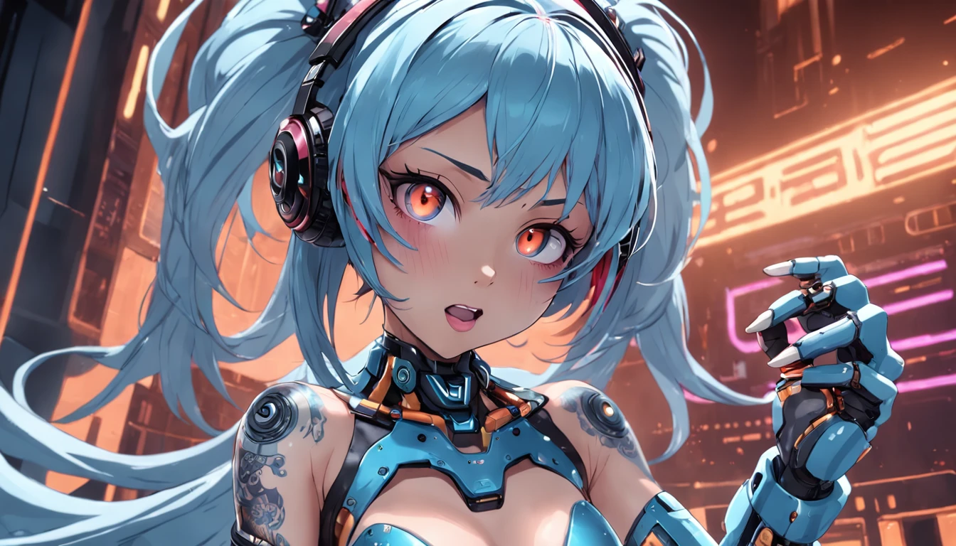 a cyber cyborg female Anthropomorphic beautiful - looking cyborg female dj djing energeticl lilvly excited raving , vibing with tattoos very thick moist lips perfect anatomy detailed face detailed fingers detailed mouth detailed skin detailed eyes detailed incarnate in a tub detailed cybernanos cyberskin