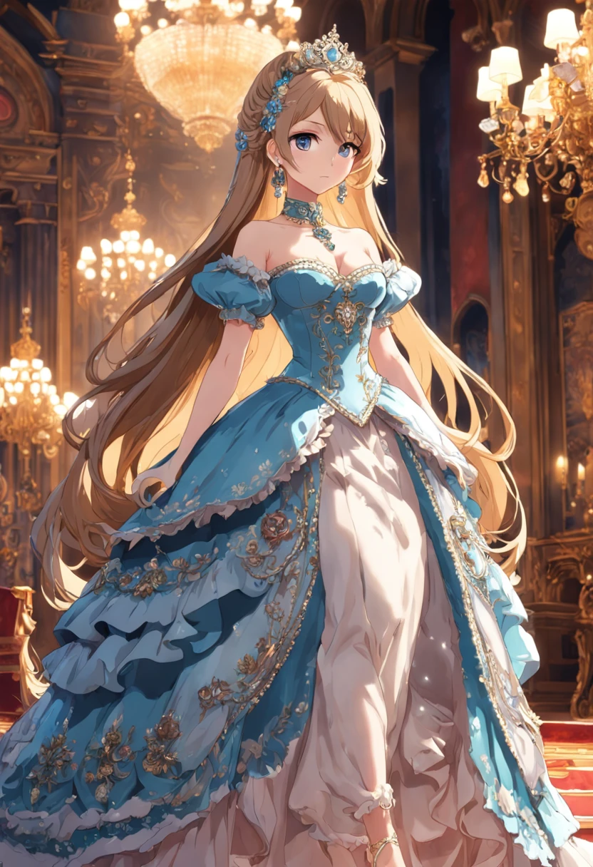 ((anime artstyle)),(Masterpiece),(Best Quality),(Super Detail),(Very Delicate and Beautiful),Solo,((full body,standing pose)),standing in the royal palace,((1 queen in jeweled gorgeous rococo ballgown with voluminous full length hoop skirt)),(crinoline),gorgeousfull embroidery,(gorgeous gemstone jewelry),(detailed face and eyes),jewel-like eyes,((large amount of straight hair,extremely Long voluminous Hair)),((gigantic tits,Long tits,skindentation)),gorgeousfull embroidery,cleavage,extremely gorgeousfull hair ornament,(bling-bling extremely gorgeousfull jeweled tiara),gorgeous corsage,(Dynamic Angle),Looking at viewer,((full body))