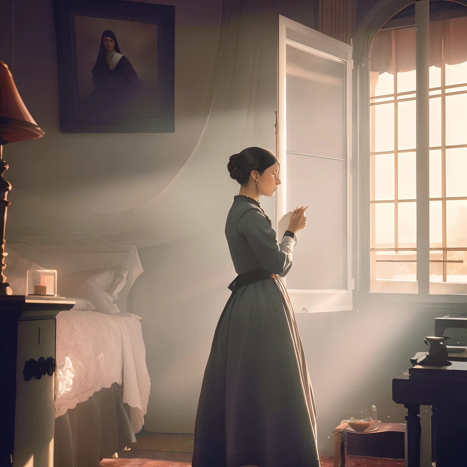 There is a young girl standing in a room with a window, Florence Nightingale, inspirado em Francesco Hayez, inspirado em Ivan Kramskoi, inspirado em Vasily Perov, Em uma casa vitoriana empoeirada, Senhorita Aniela, Victorian era, kramskoi 4 mil, Morning light, Vitoriano, inspirado em Antonio Ciseri, Uma bela mulher vitoriana, in the early morning