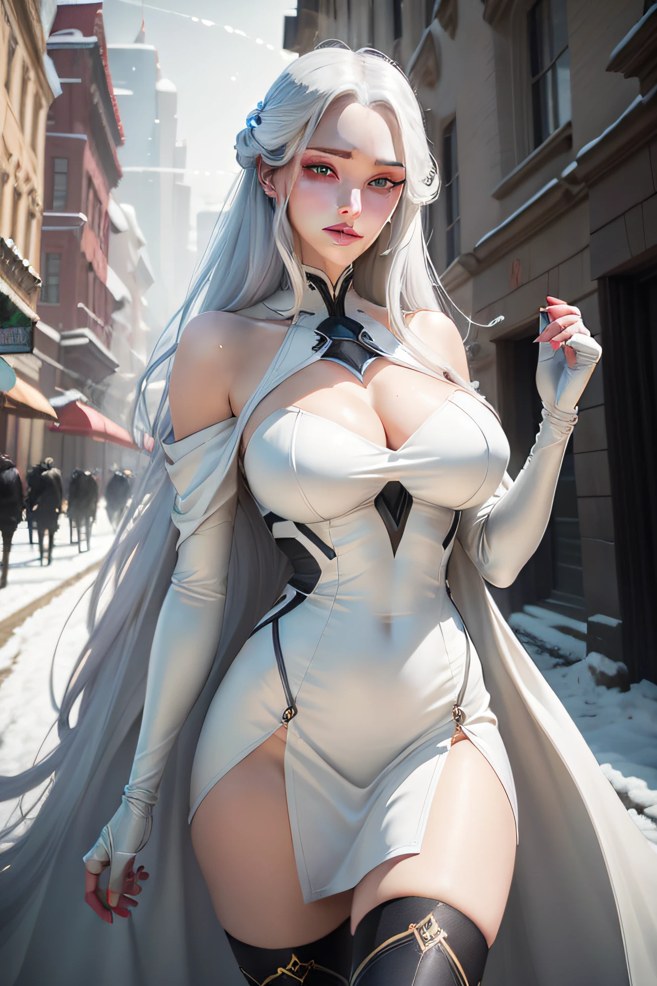 Aconidin, Red iris, Gray Hair creates amazing portraits of beautiful women in futuristic settings. She stands against the backdrop of a mysterious city,Be embraced by a light that is fuller than the stars, Represents prosperity. Her porcelain skin glows, Exudes ethereal beauty. Her long, Flowing white hair, Pure as freshly fallen snow, Pouring down her shoulders and bust, Emphasize her grandeur. Over-the-knee boots stockings lying on a tree . Fantastic eyes