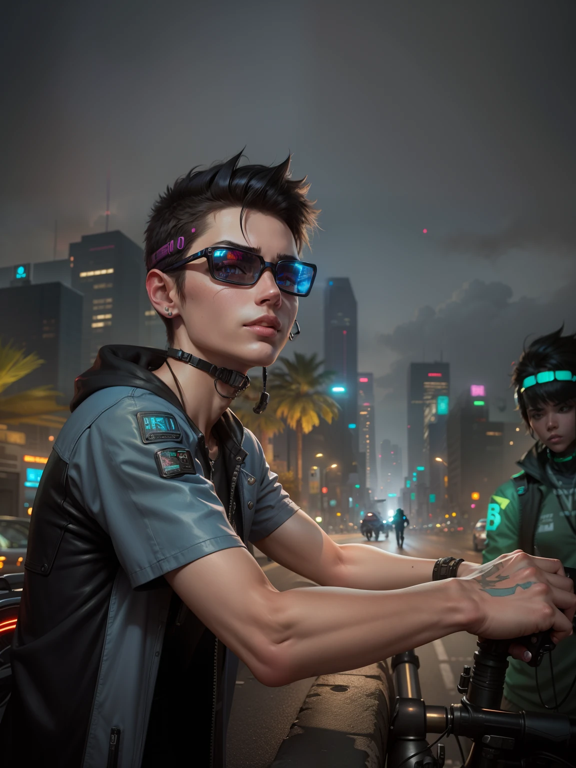 cyberpunk Smartboy with A Futurstick Bike And A Girl