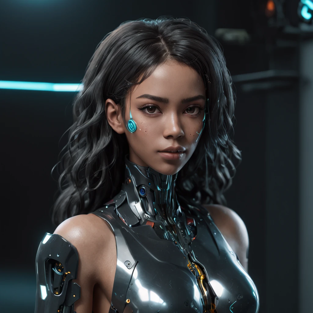 Young Black Woman wavy hair robotic body, vista de frente ::style futurista cyberpunk ,Estilo realista ::n_style pintura digital, deformed parts, rosto deformado ::seed 1