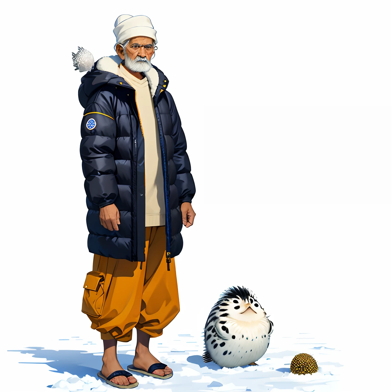 Old Indian man,Snow,Winters,Puffer fish jacket