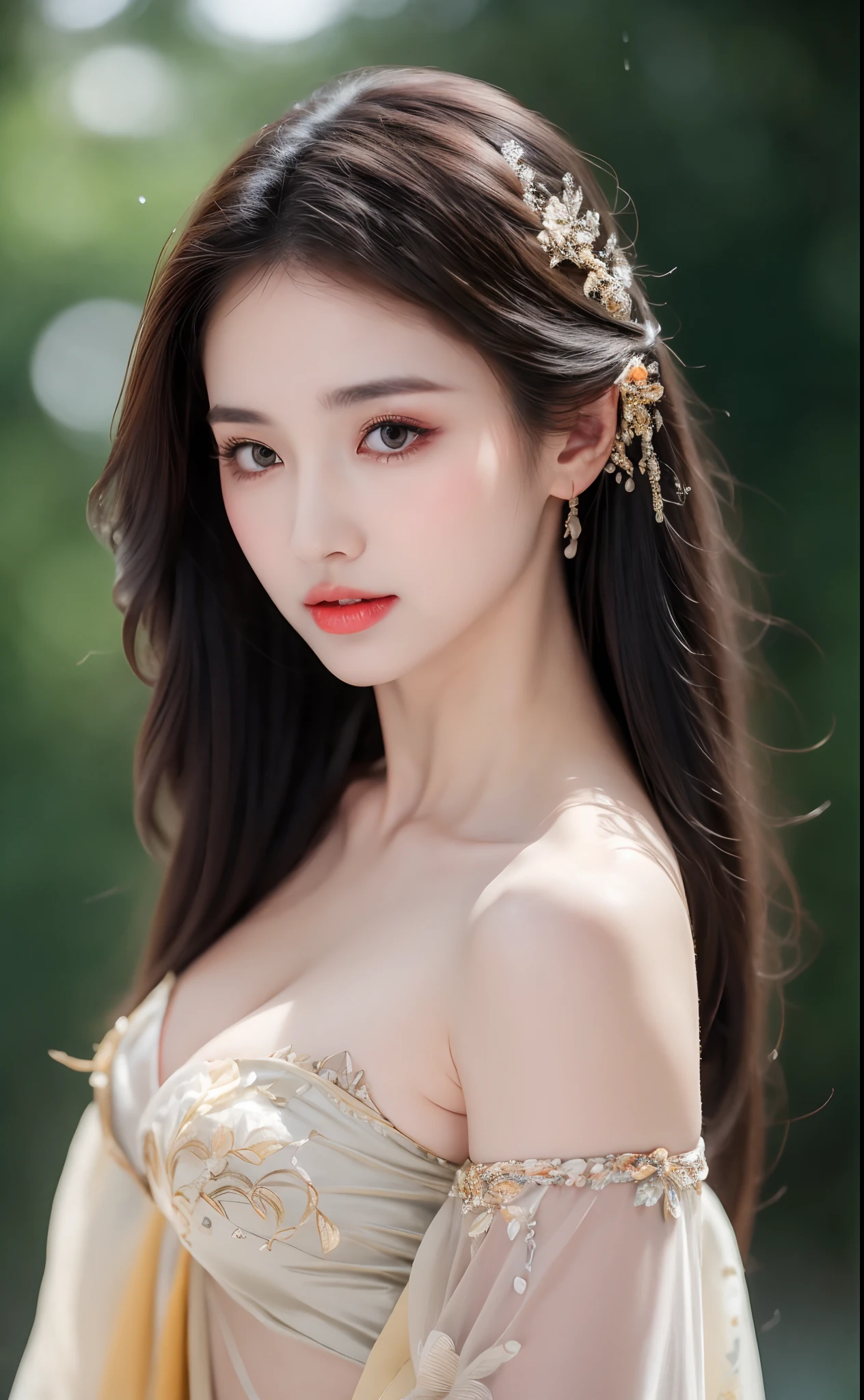 ((Best Quality, 8k, Masterpiece: 1.3)), Focus: 1.2, Perfect Body Beauty: 1.4, Buttocks: 1.2, ((Layered Haircut)), (Wet Clothes: 1.1), (Rain, Street:1.3), (Breasts: 1.2), (Hanfu: 1.2), Bare Shoulders, Bare Legs, Highly Detailed Face and Skin Texture, Fine Eyes, Double Eyelids, Whitened Skin, Long Hair, (Shut Up: 1.5), (Bokeh Background: 1.5), Big Breasts