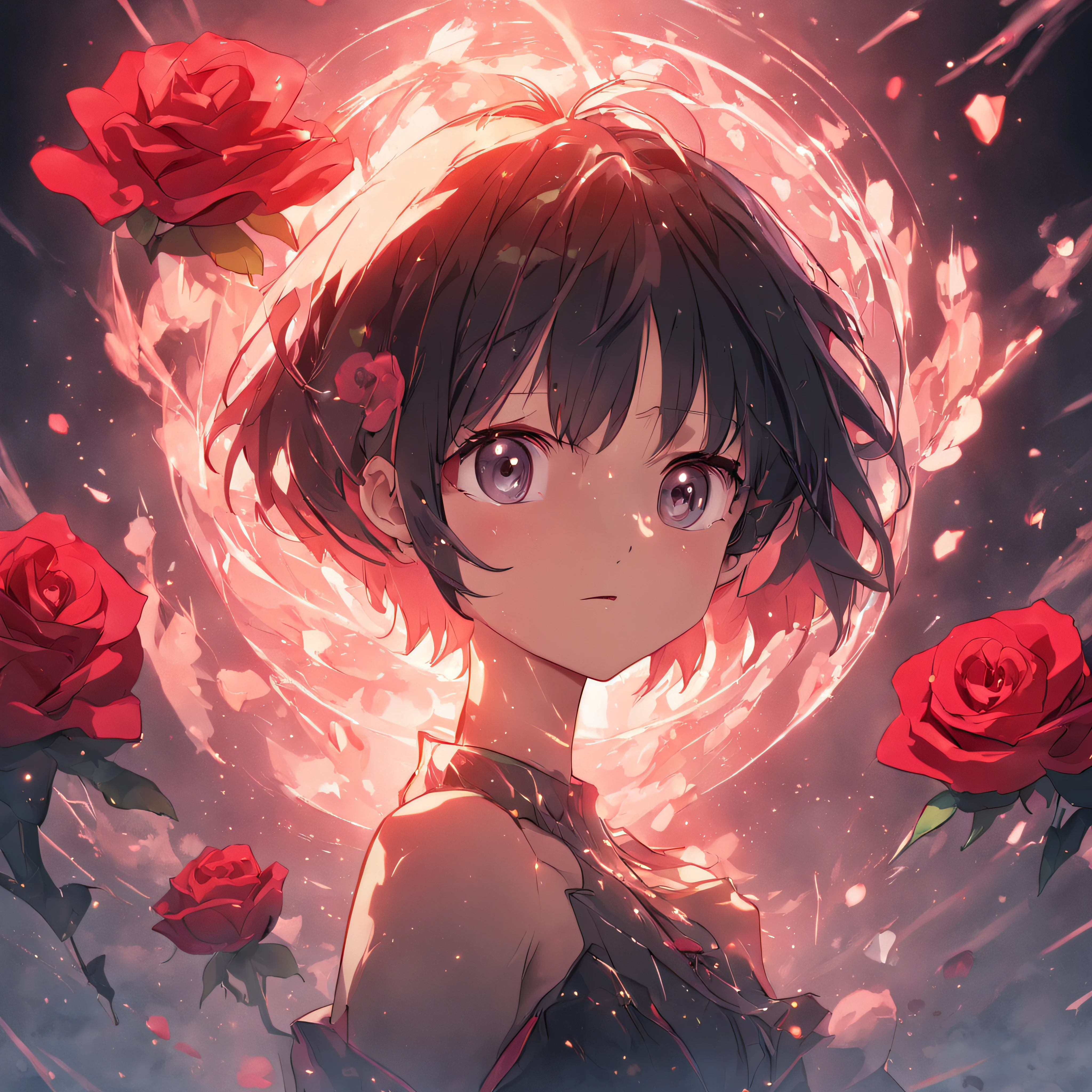(Rose short hair girl)High-quality images depicted in detail,Face the lens,Focus on facial features,Floating rose petals,rays of sunshine,beam of light,(Black color hair)