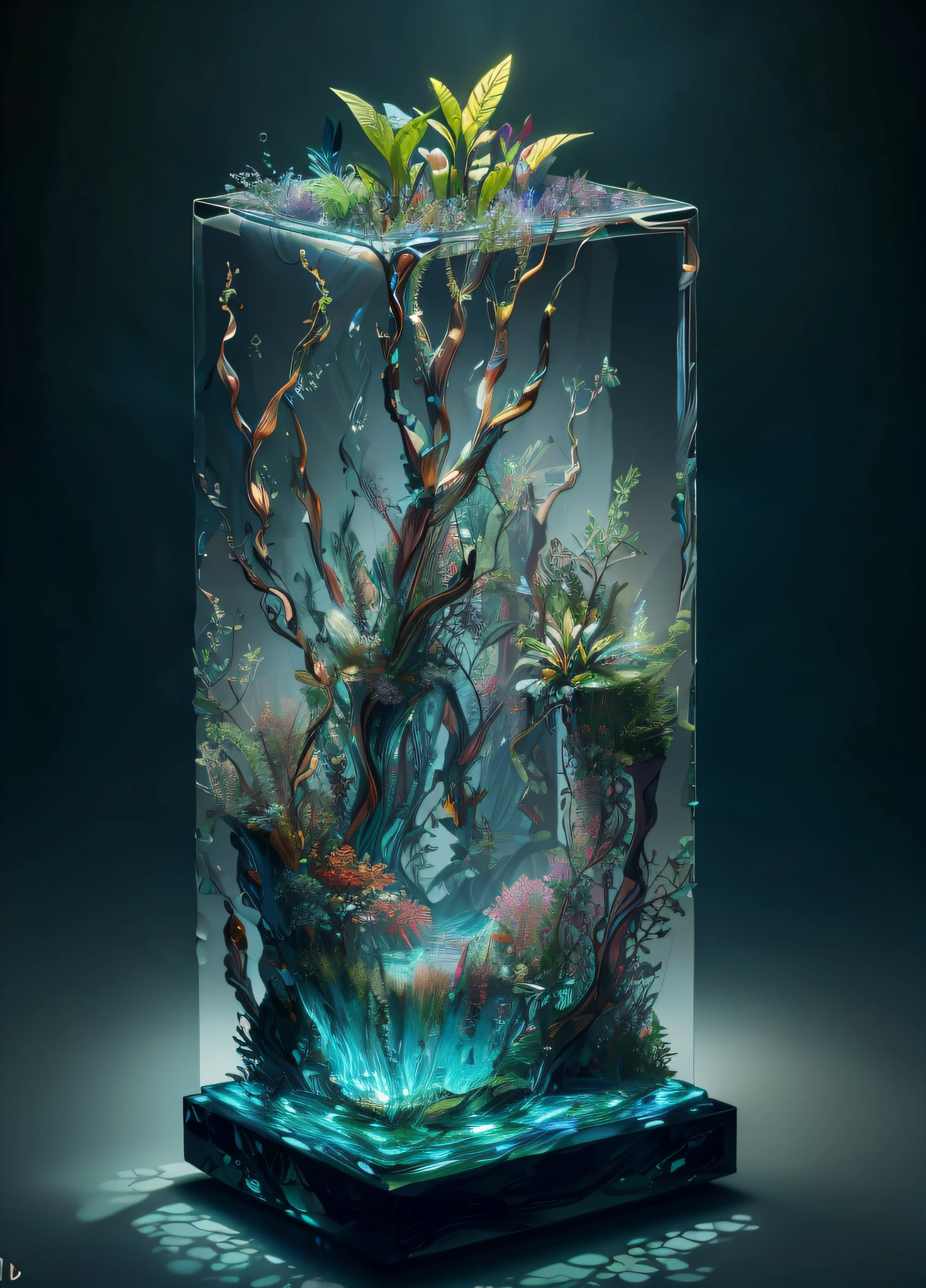 masterpiece of glass sculpture with plants inside, water, glowing, fantasy, high quality, high detail, best quality, rtx, 4k, 8k,