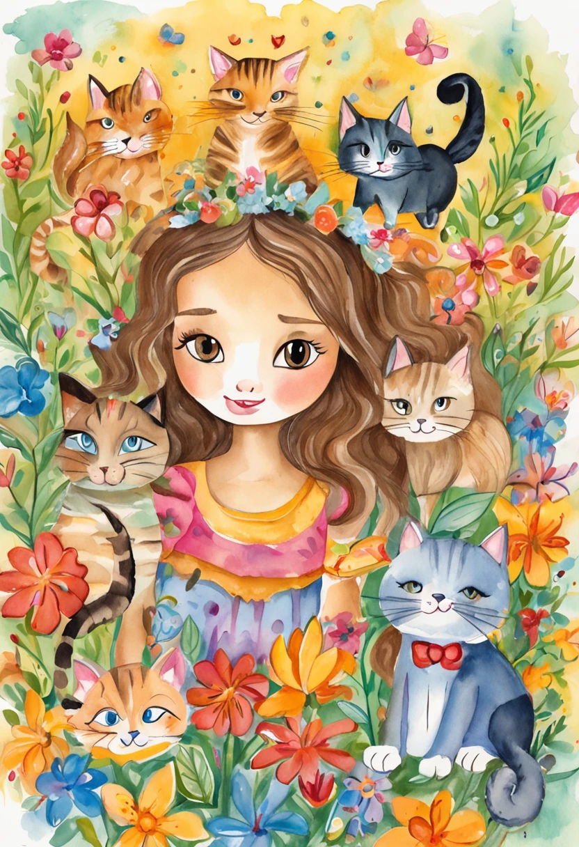 children's story,  que ama gatos, meninaanos rodeada de gatos, Illustration in vivid and colorful style, Sunny scenery, happy and lively expressions, olhos brilhantes e curiosos, cabelos castanhos cacheados, colored ties in the hair, delicate and smooth drawing strokes, uso de cores vibrantes, texturas detalhadas nos pelos dos gatos, environment full of fun and joy.