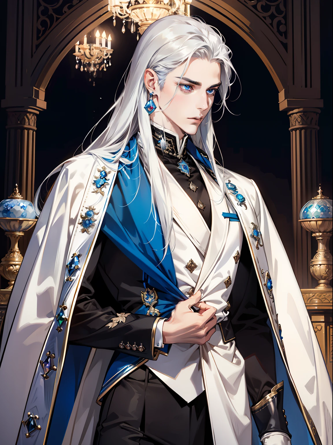 man, masculine, masculine face, attractive, muscular, ((1man)), masterpiece, absurdres, best quality ,intricate details , (shiny skin, shiny body, shiny oily luster skin, shiny hair, pale skintone), Sundown, attractive, ((muscular)), adult, one, earrings, black pants, Don't look at the view , Not looking at the view, sliver long hair, perfect detailed face, perfect detailed hands, vampire, prince, ((MLS)), medium large shoot, depicting delicate eyes, opal blue eyes, depicting delicate facial features, white uniform, blue cape