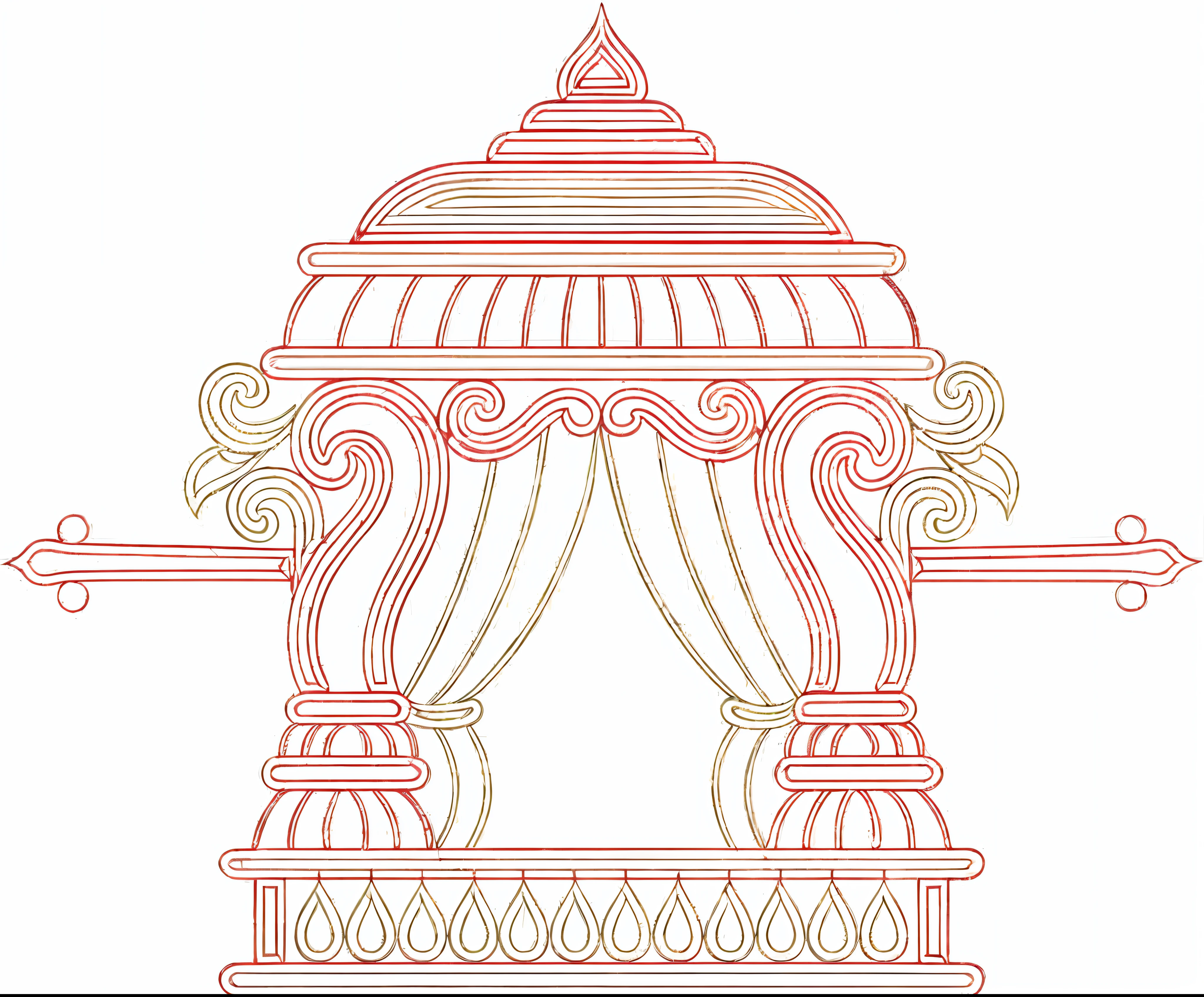a red and white drawing of a gazebo with a canopy, intricate border designs, decorated with opera motifs, with kerala motifs, highly detailed design, hindu kovil scene, hindu ornaments, highly detailed linework, temple background, intricate ornament halo, kerala motifs, gold detailed line work, detailed designs, very detailed design, highly details form, detailed line work
