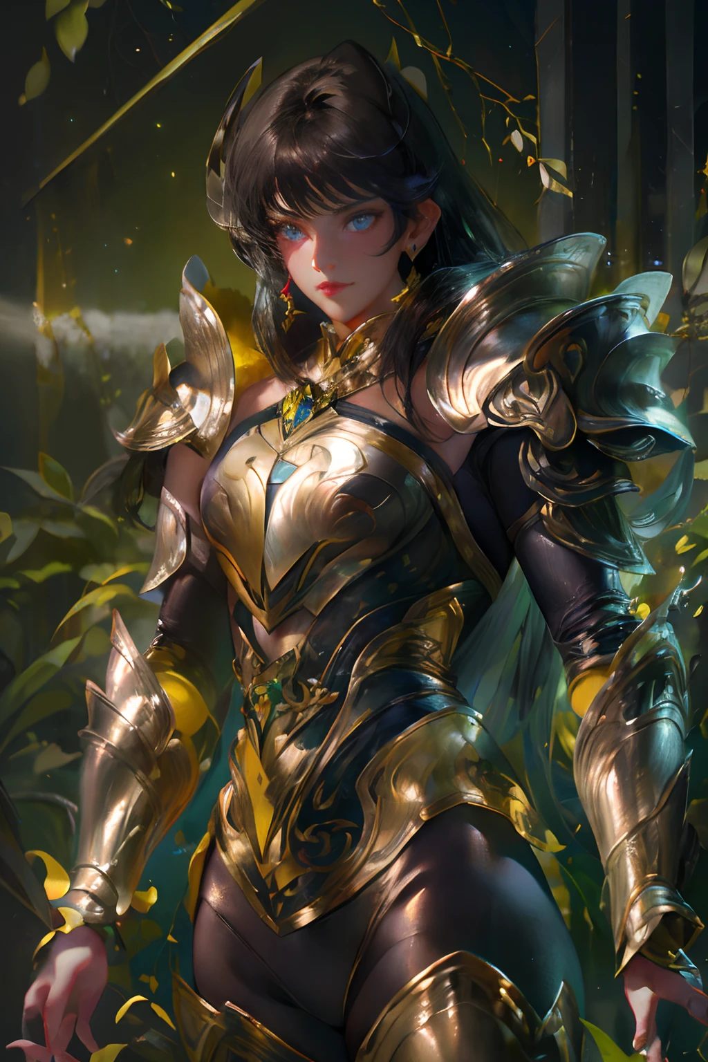 Ultra-high saturation，（tmasterpiece）， fully body photo，（best qualtiy）， （1girll）， starryskybackground，Wearing shiny gold armor， Sexy lingerie type armor，Expose your chest，Expose the waistline，Exposing thighs，cool-pose， Saint Seiya Armor， messy  hair，high detal, Anime style, Cinematic lighting, Sparkle, god light, Ray traching, filmgrain, hyper HD, textureskin, super detailing, Anatomical correct, A high resolution，Ultra-high saturation，hight contrast，High-gloss armor，Smooth skin，Serious expressions,Dark room,
