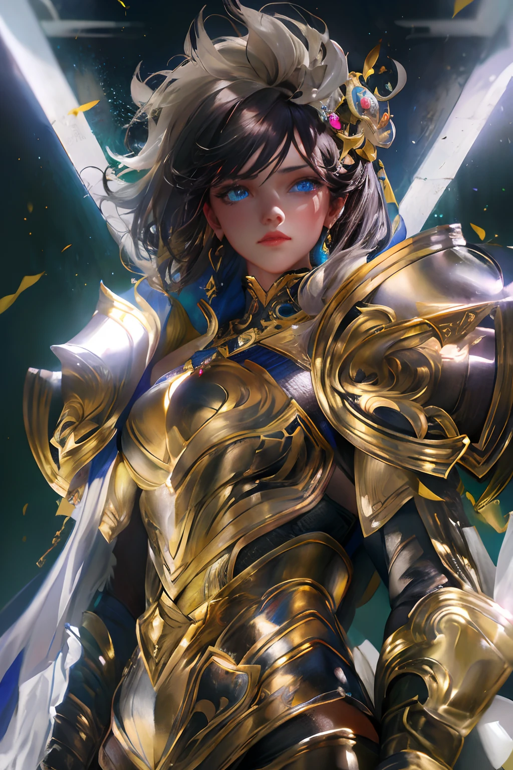 Ultra-high saturation,(tmasterpiece), fully body photo,(best qualtiy), (1girll), starryskybackground,Wearing shiny gold armor, Sexy lingerie type armor,Expose your chest,Expose the waistline,Exposing thighs,cool-pose, Saint Seiya Armor, messy hair,high detal, Anime style, Cinematic lighting, Sparkle, god light, Ray traching, filmgrain, hyper HD, textureskin, super detailing, Anatomical correct, A high resolution,Ultra-high saturation,hight contrast,High-gloss armor,Smooth skin,Serious expressions,Dark room,