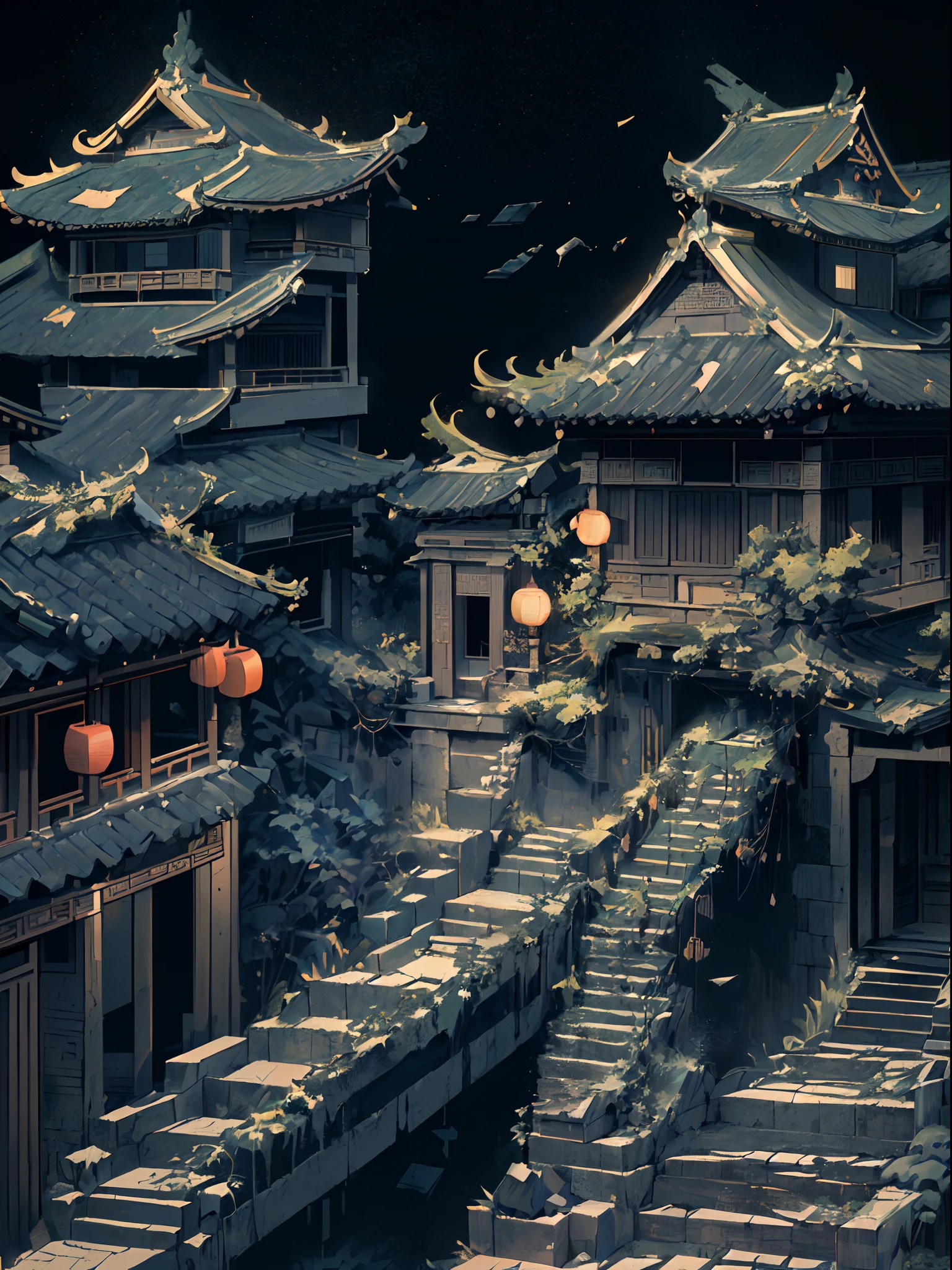 (isometry:1.5), (Masterpiece, Top quality, Best quality, offcial art, Beautiful and aesthetic:1.2),(16k, Best quality, Masterpiece:1.2),architecture, [:(Black background:1.5):40],Simple background,east asian architecture, (Simple background:1.5), scenery, No Man, stairways, Building, wall, Doorway building, stairways, Chinese architecture,(Night:1.5),(Torn:1.5)