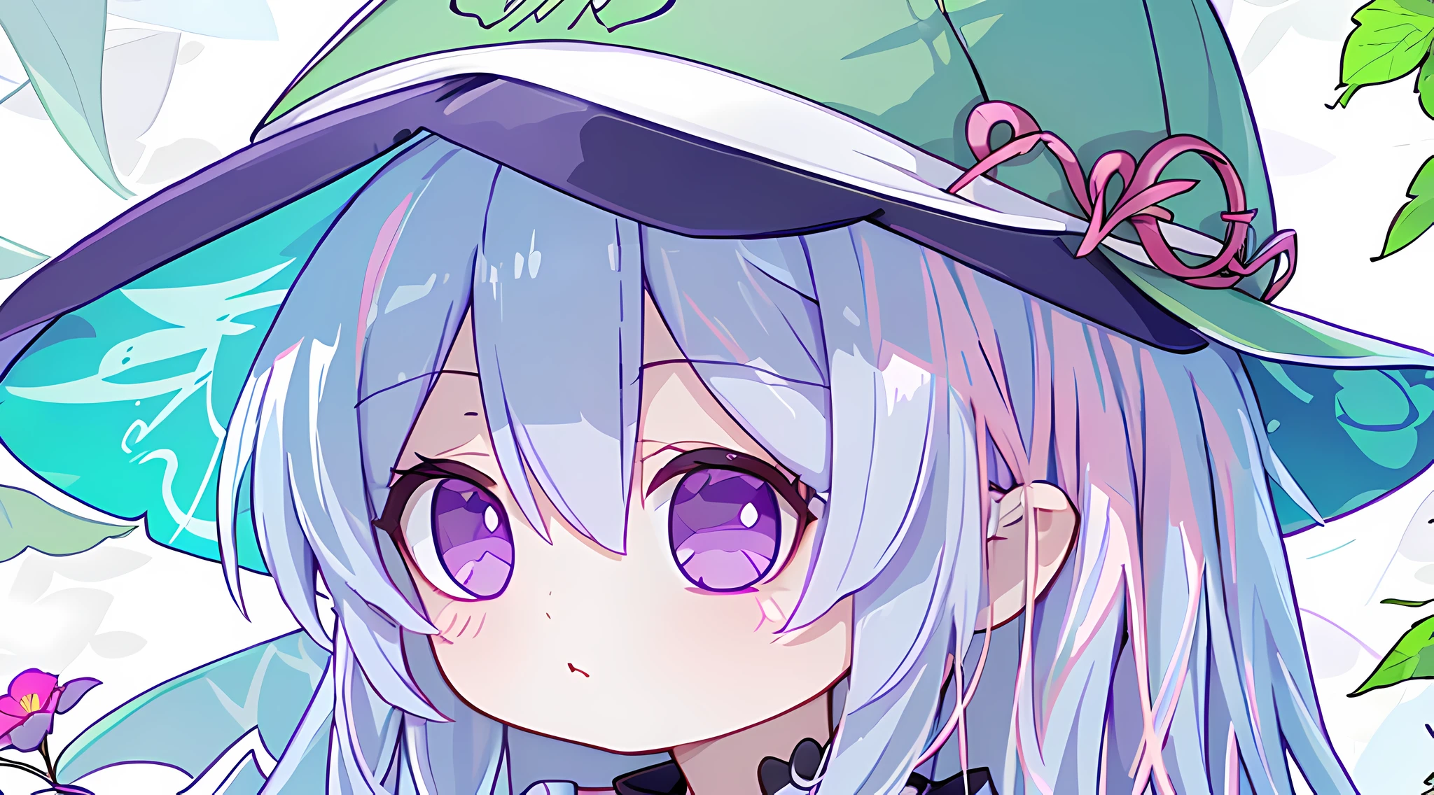 1girl in, Zwilling_Braids,Ein dunkelhaariger, girl, 10 Jahre alt, The upper part of the body, Simple green witch hat and green robe, Den Zuschauer beobachten, Komplizierte Details, Digitale 32K-Farbe, Hyper-Realismus, (Abstrakter Hintergrund:1.3), (bunt:1. 3), (Blumen:1.2), (Zentangle (Zentangle):1.2), (Fraktale Kunst:1.1), Twosideup (beidseitig), s Lippen, ein geschlossener Mund, Pony, The upper part of the body, Pony, Ultra-high image quality, in 8K, Ausarbeitung bis ins kleinste Detail, ultrafein, Tchibi,((pink,purple))