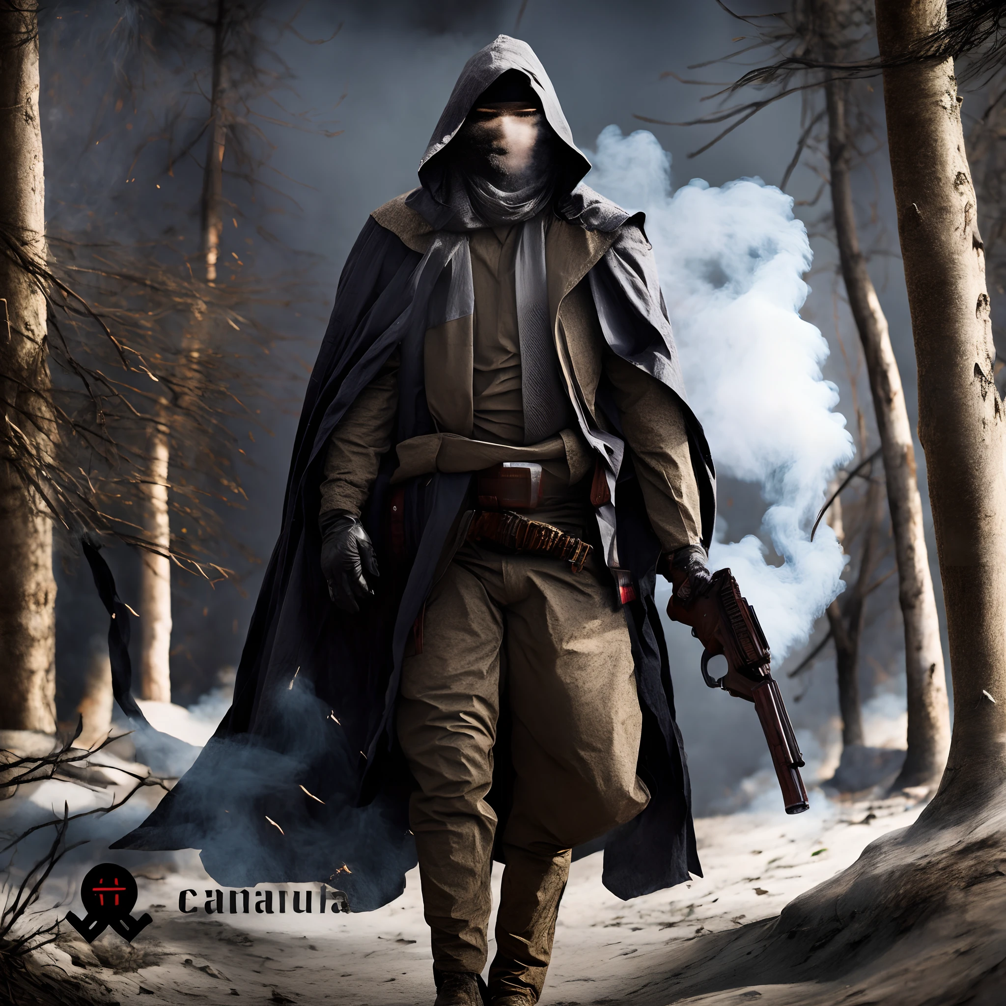 Ninja usando uma capa preta estilo Cowboy, in the Hand a Revolver coming out of the smoke, Caminhando por uma floresta Queimada em uma noite, high saturation, alto detalhamento, Mascara Preta