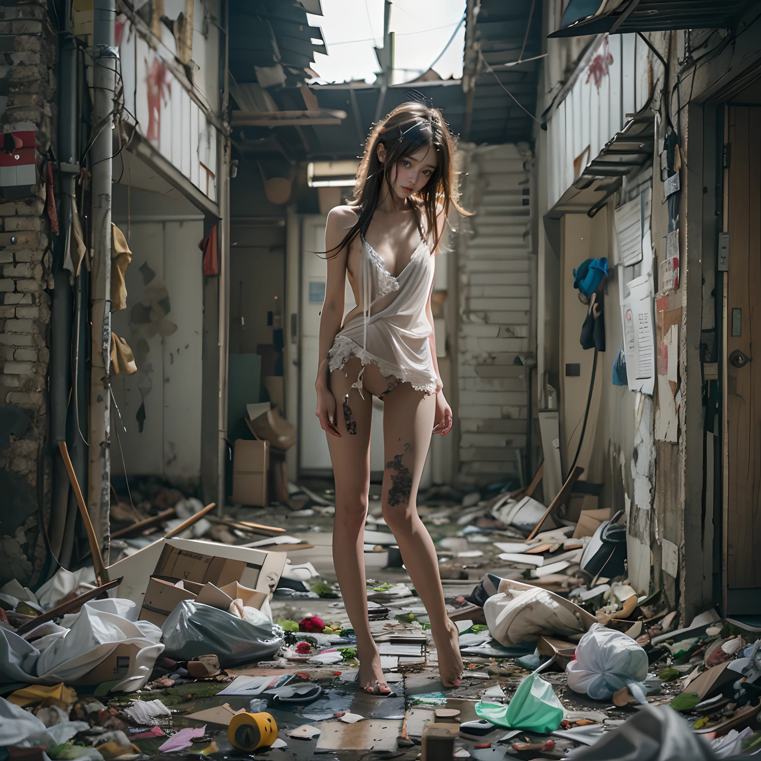tmasterpiece,abandoned building,Garbage all over the ground,grimy,full-body portraits,Sexy standing pose,Slim legs,very beautiful long slim legs,The barefoot,Naked all over the body,full body exposed,exhibitionists,The body is exposed randomly