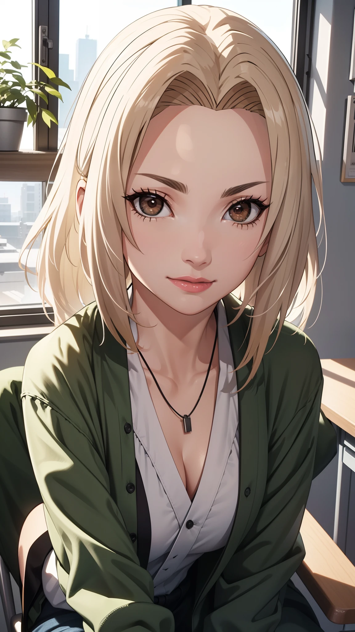 film movie still，1girl in、It stands、years、pale-skinned、innocent smiles、(A detailed face)、orgasmc，(Detailed skin)、moisty，The details are complex、Shallow depth of field、[volume fog]、电影灯光、Reflectors、a Canon EOS R5、50mm lens、f / 2.8、shot at 8k resolution、Close-up，inside in room，desks，Greenery