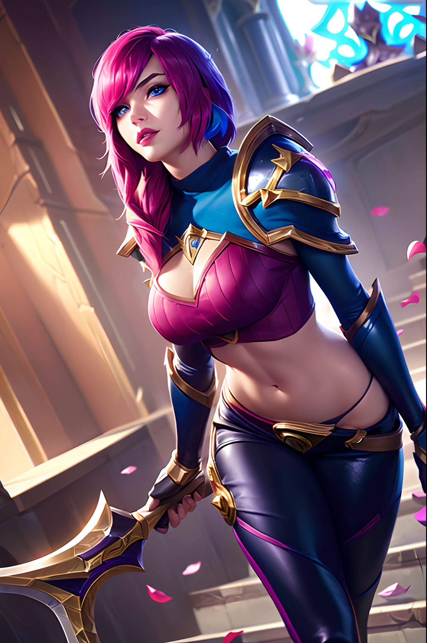 (League of Legends:1.5),  fiora, 1girl, solo, breasts, looking at viewer, short hair, bangs, blue eyes, gloves, holding, medium breasts, weapon, pink hair, red hair, multicolored hair, parted lips, pants, sword, indoors, cape, holding weapon, armor, hair over one eye, lips, petals, black pants, shoulder armor, gauntlets, pauldrons, stairs, rose petals