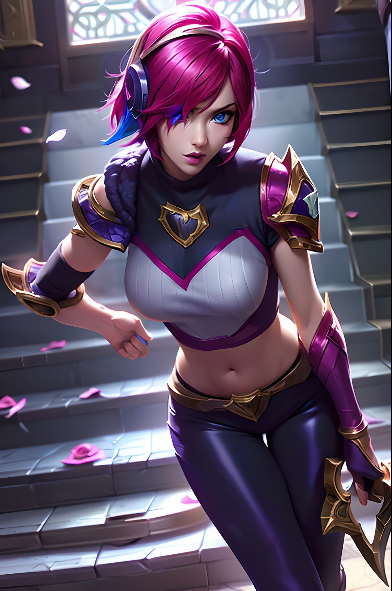 (League of Legends:1.5), fiora, 1girl, solo, breasts, looking at viewer, short hair, bangs, blue eyes, gloves, holding, medium breasts, weapon, pink hair, red hair, multicolored hair, parted lips, pants, sword, indoors, cape, holding weapon, armor, hair over one eye, lips, petals, black pants, shoulder armor, gauntlets, pauldrons, stairs, rose petals