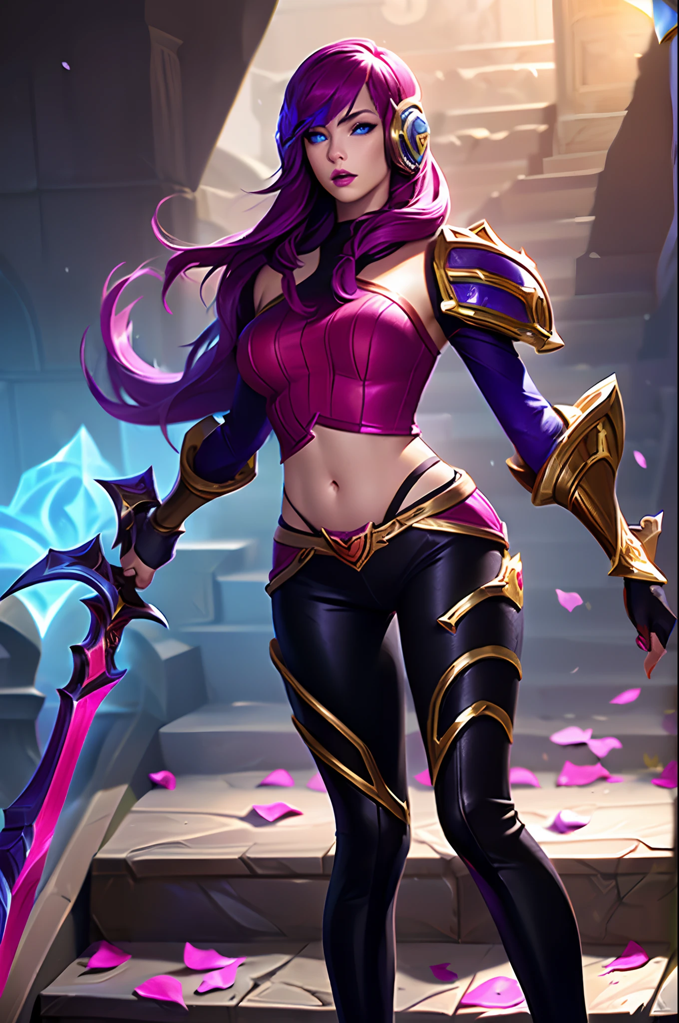 (League of Legends:1.5),  fiora, 1girl, solo, breasts, looking at viewer, short hair, bangs, blue eyes, gloves, holding, medium breasts, weapon, pink hair, red hair, multicolored hair, parted lips, pants, sword, indoors, cape, holding weapon, armor, hair over one eye, lips, petals, black pants, shoulder armor, gauntlets, pauldrons, stairs, rose petals