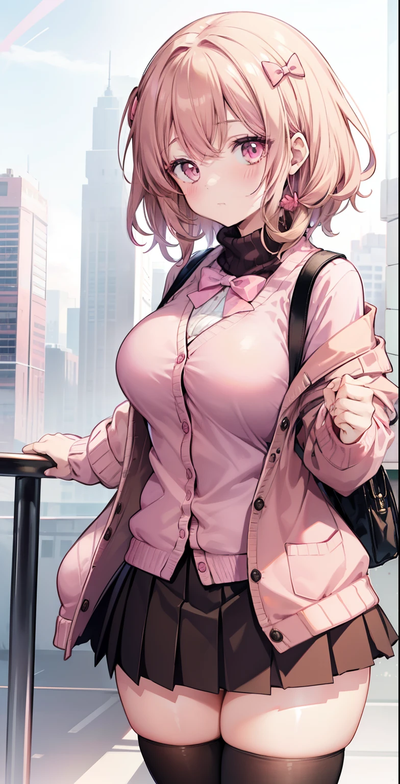 alone, 1girl, matured female, MILF, Takeba Yukari, Person 3, (light brown head:1.3), turtleneck shirt, (pink cardigan:1.3), long-sleeved cardigan, closed cardigan, black skirt, pleated mini-kirt, red bow tie, red bow tie, cynical look, big boobs, thick legs, thick thighs