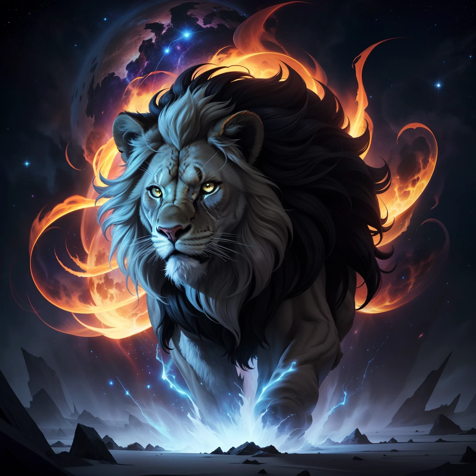 Leonus, Star Eater, cosmic, lion, white dust cloud, cosmic rays, piercing eyes, devouring planets, imposing, frightening, undulating coat of stars, sharp claws like comets, deafening stellar roar, pulsating cosmic energy, sinister glow in the eyes, insatiable hunger for planets, clouds of white dust in constant motion, colossal size, dominant and terrifying presence, menacing aura, vortices of cosmic energy around the body, flaming manes like stellar flames, bright constellations in the fur, dark and mysterious appearance, celestial fury, immeasurable force, cosmic destruction, defiance to the balance of the universe, symbol of stellar annihilation, universal fear, intergalactic predator, celestial shadows, devouring cosmic essence, astral voracity, evil radiance, elegant and deadly movements, silent and inexorable threat, celestial body in the shape of a lion, avenger of the cosmos, transcending the limits of existence, called the distant stars.
These updated parameters reflect the cosmic lion, Leonus, with its white dust cloud body, giving it an albino and mysterious appearance.
