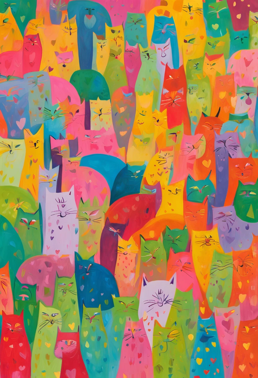 children's story, menina que ama gatos, menina de 8 anos rodeada de gatos, Illustration in vivid and colorful style, Sunny scenery, happy and lively expressions, olhos brilhantes e curiosos, cabelos castanhos cacheados, colored ties in the hair, delicate and smooth drawing strokes, uso de cores vibrantes, texturas detalhadas nos pelos dos gatos, environment full of fun and joy.