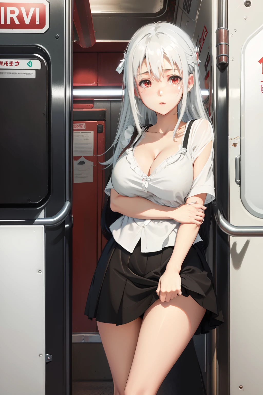 Loli, big breasts exposed cleavage, High definition, Be red in the face, The reveal panties, is shy,Inside the subway, White shirt, Black skirt,Idiot, white dresses, bit girl, little breast, White-haired,White panty hose,elementary student,anime big breast,lovemaking,Be photographed by your phone