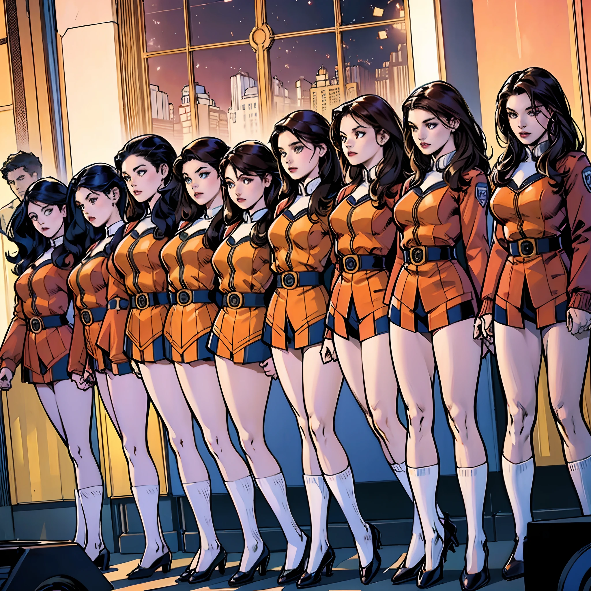 (jim lee, comic panel), (masterpiece, high quality, best quality), brown hair, curly hair, hazel eyes, sexy uniform, (thousands of, millions of, crowd of), identical girls, crowd shot, identical sisters, clones, matching hairstyles, matching outfits, matching faces, crowded, filled with clones, in straight lines, in perfect formation, same pose, straight arms, arms on sides, factory, (full body)