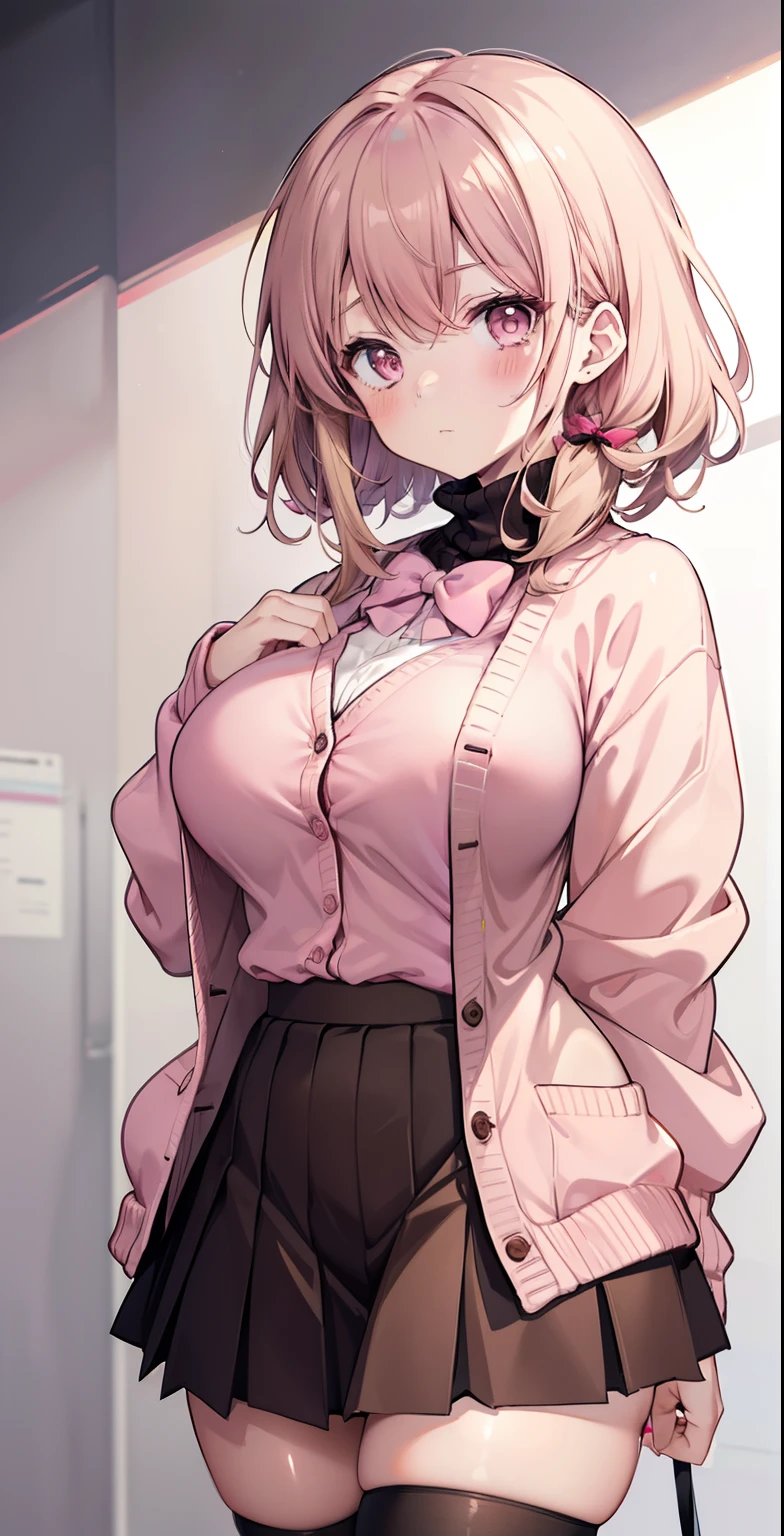 alone, 1girl, matured female, MILF, Takeba Yukari, Person 3, (light brown head:1.3), turtleneck shirt, (pink cardigan:1.3), long-sleeved cardigan, closed cardigan, black skirt, pleated mini-kirt, red bow tie, red bow tie, cynical look, big boobs, thick legs, thick thighs