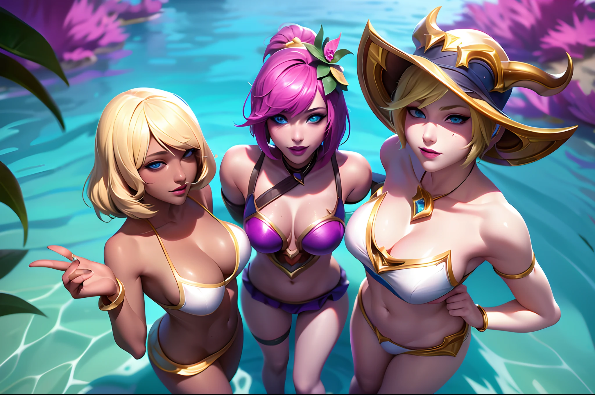 (League of Legends:1.5), pool party orianna, breasts, smile, short hair, blue eyes, multiple girls, blonde hair, brown hair, hair ornament, hat, 2girls, jewelry, hair flower, dark skin, water, hair over one eye, bracelet, official alternate costume, dark-skinned female, ocean, joints, watercraft, waves, pirate hat, shark, surfboard, dolphin