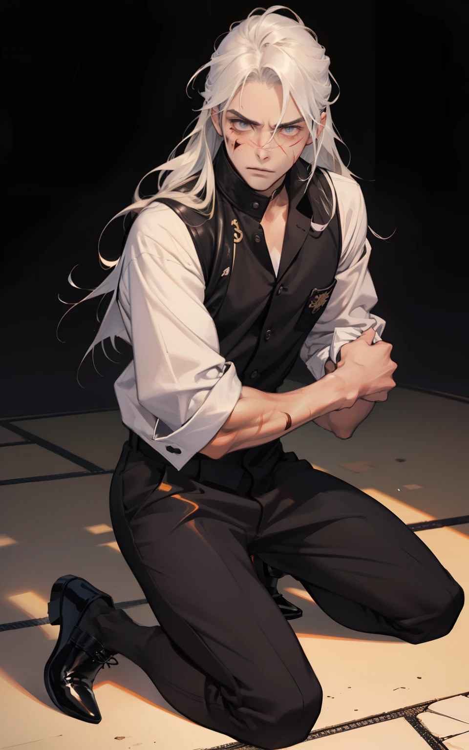 Yandere male character, handsome, possessive, burn scar (right face), long hair, gloomy expression,  Japan school uniform, perverted vibe, kneeling pose, toned body, leather shoes