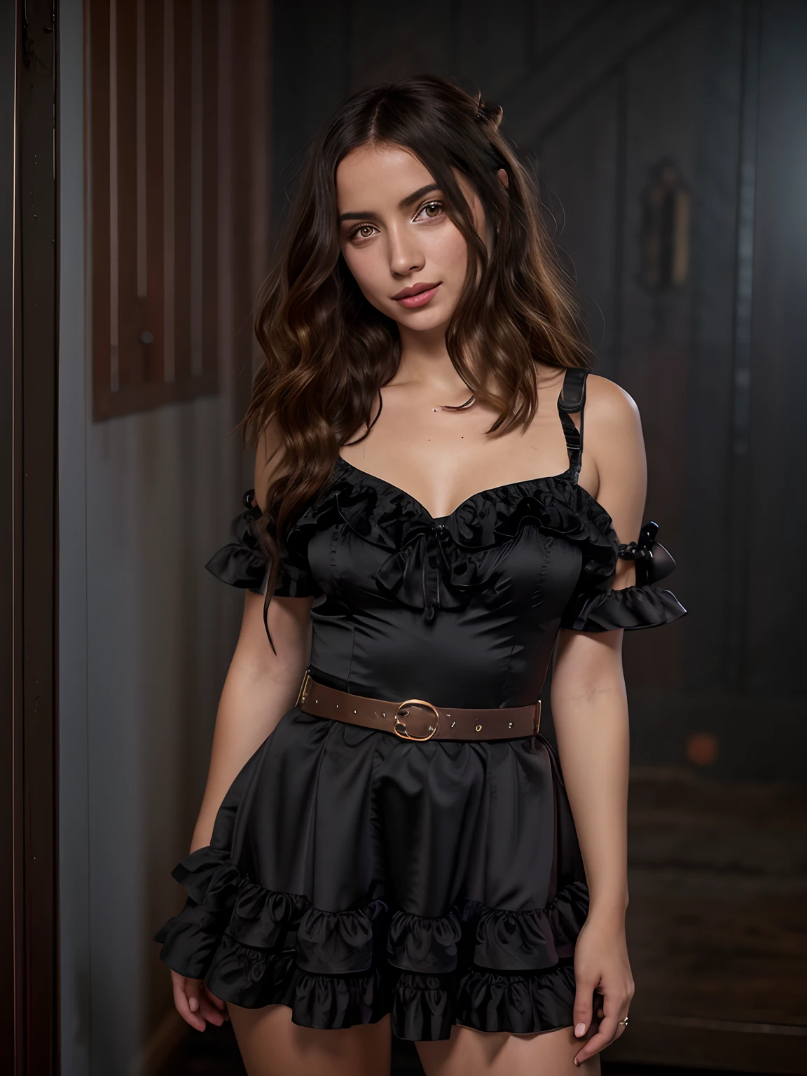 closeup of anadea69, wearing a frilled dress, smirking, belt, micro shorts, dark environment