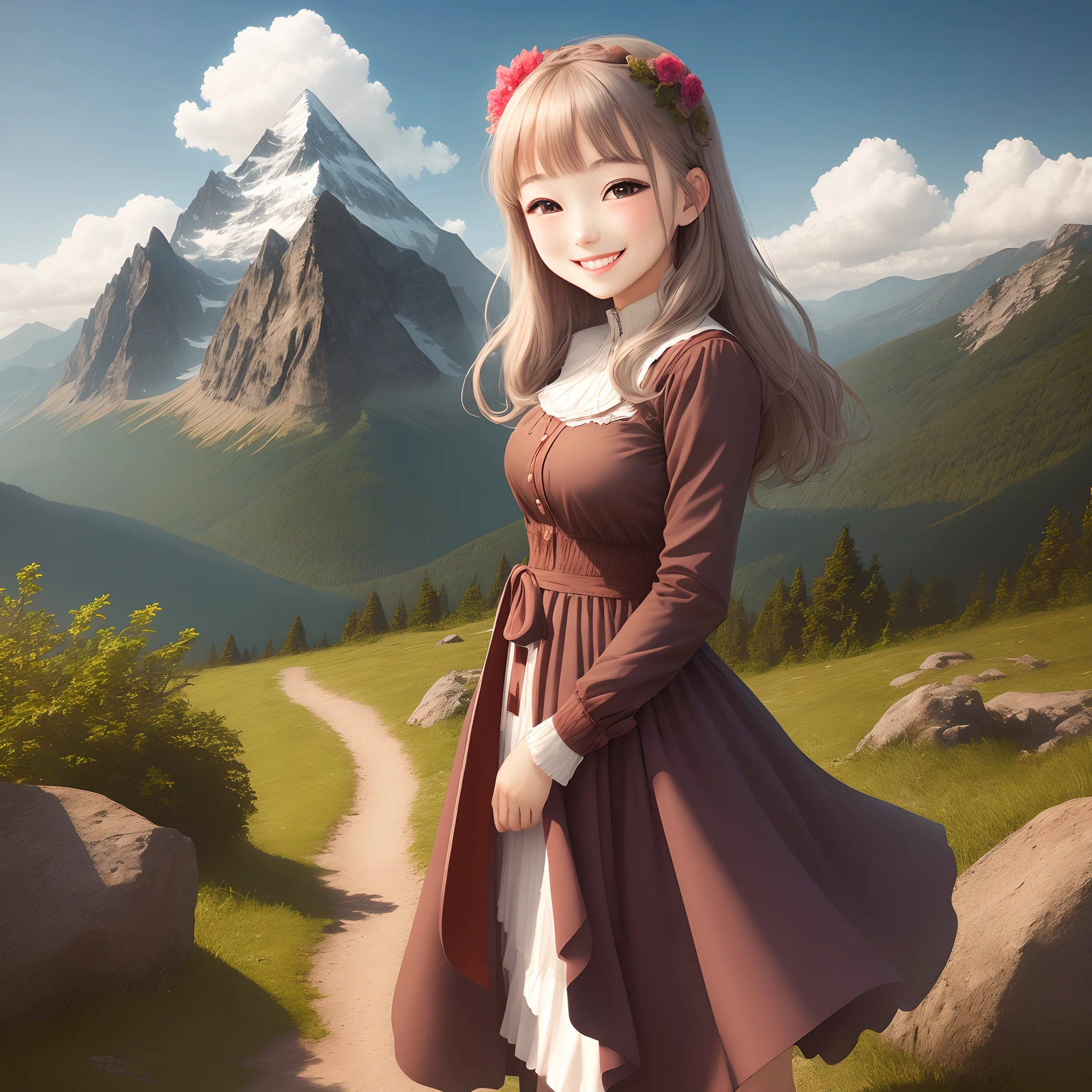 a beautiful girl-background mountain- smile face