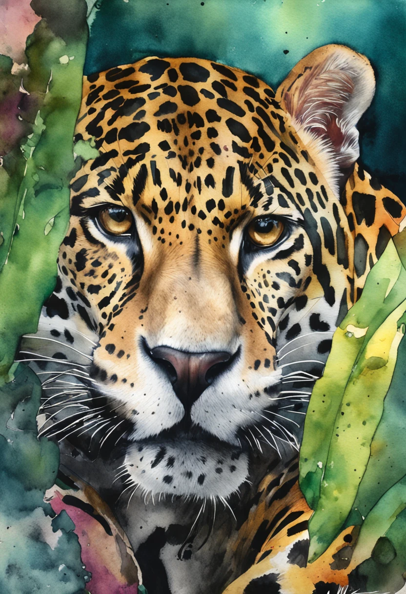 jaguar; aquarela; pintura expressionista; animal; selva; qualidade