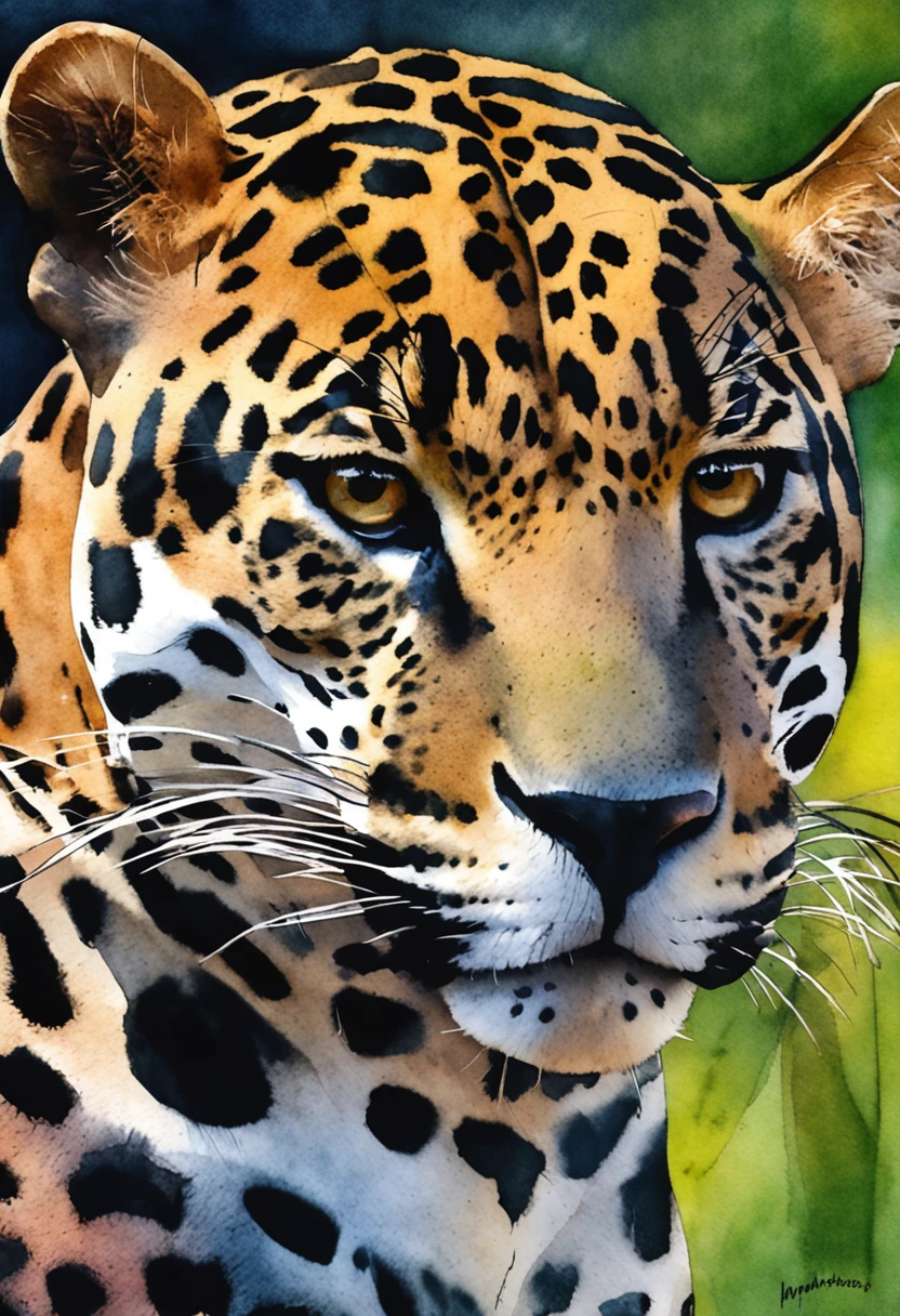 jaguar; aquarela; pintura expressionista; animal; selva; qualidade