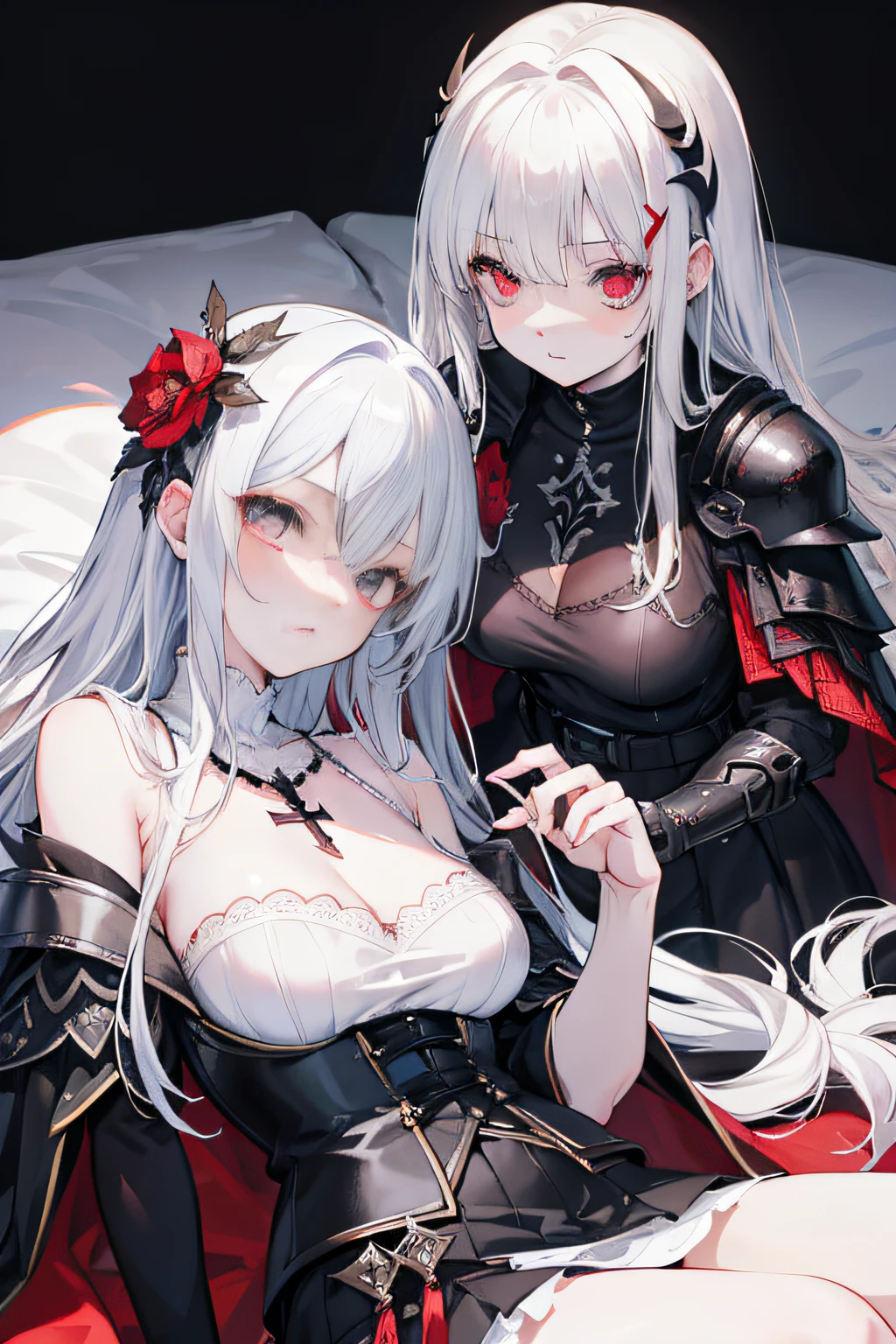 (Lie down in bed),go to bed,Two girls,White panty hose,White,Pure,Lady Knight,Pale,chilly,red color eyes,Silvery-white hair,Messy_Hair,hair adornments,Black Knight's cuirass,Cross necklace,Black Knight's skirt armor,Bloody,Surround snowflakes,Snow and ice forest background,Black cape,a black cloak,eyes glowing,nevando,Red Magic Array,Kenzuka,blood stain,Black armor,White feather decoration,black eyeshadows,dark circles,Bloody effect,Hair_flower,Masterpiece, Best quality, offcial art, Extremely detailed ,CG ,Unity, 8K wallpaper, (Photorealistic photo),Graphics-like rendering),Messy hair, (Beautiful detailed eyes),Dynamic, The fabric texture is extremely pronounced