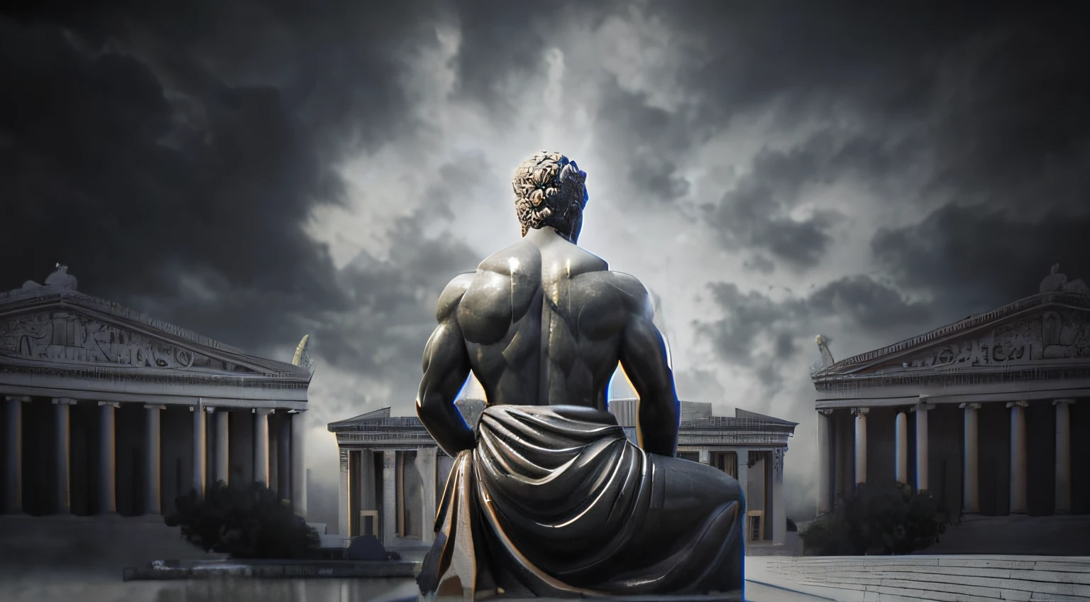 Statue of a man sitting on a stone bench in front of a building, Classicismoo artstyle, O Deus Grego, big video statues, deus grego, Olympian God, Mito grego pintura digital, architecture carved for a titan, Epic album cover, posing like a statue, dystopian digital art, Classicismo, stoic, Epic Music album cover