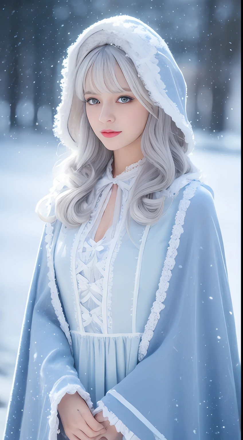 Photorealistic, high resolution, 1 Women, Solo, (ta costume),Gorgeous costumes,Face the audience,The upper part of the body,upper legs, beautidful eyes, White hair, ringed eyes, (outside,Heavy snowfall,Cloak,Cover with snow),snowfield,Blue eyes,Illustrations of the highest quality,A meticulous face