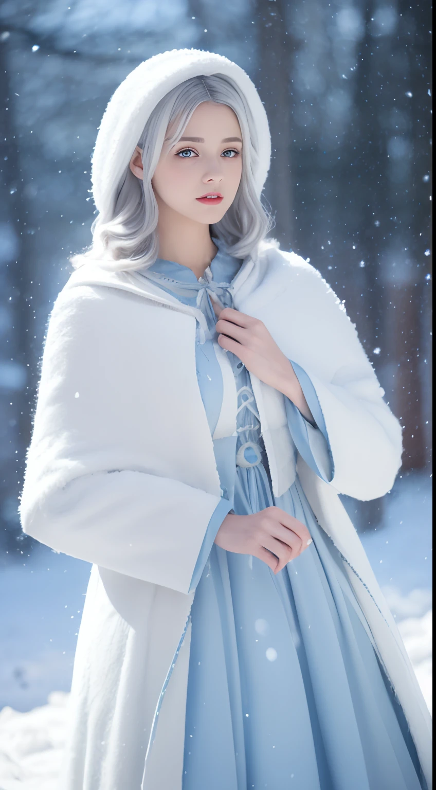 Photorealistic, high resolution, 1 Women, Solo, (ta costume),Gorgeous costumes,Face the audience,The upper part of the body,upper legs, beautidful eyes, White hair, ringed eyes, (outside,Heavy snowfall,Cloak,Cover with snow),snowfield,Blue eyes,Illustrations of the highest quality,A meticulous face
