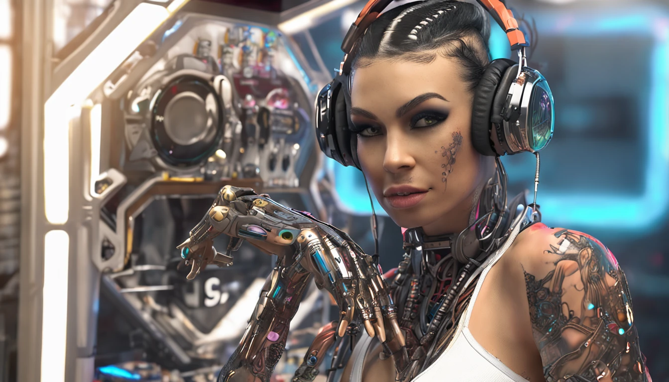 a cyber cyborg female Anthropomorphic beautiful - looking cyborg female dj djing energeticl lilvly excited raving , vibing with tattoos very thick moist lips perfect anatomy detailed face detailed fingers detailed mouth detailed skin detailed eyes detailed incarnate in a tub detailed cybernanos cyberskin