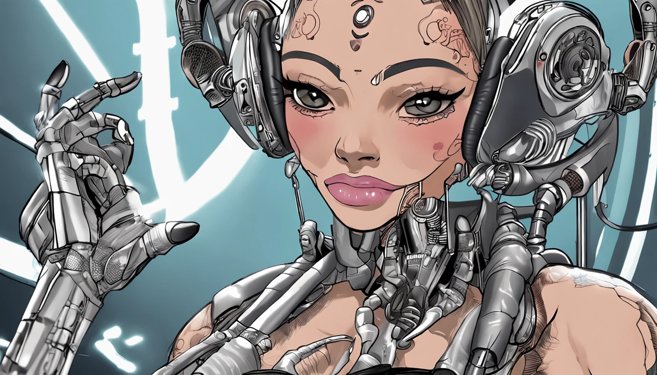 a cyber cyborg female Anthropomorphic beautiful - looking cyborg female dj djing energeticl lilvly excited raving , vibing with tattoos very thick moist lips perfect anatomy detailed face detailed fingers detailed mouth detailed skin detailed eyes detailed incarnate in a tub detailed cybernanos cyberskin