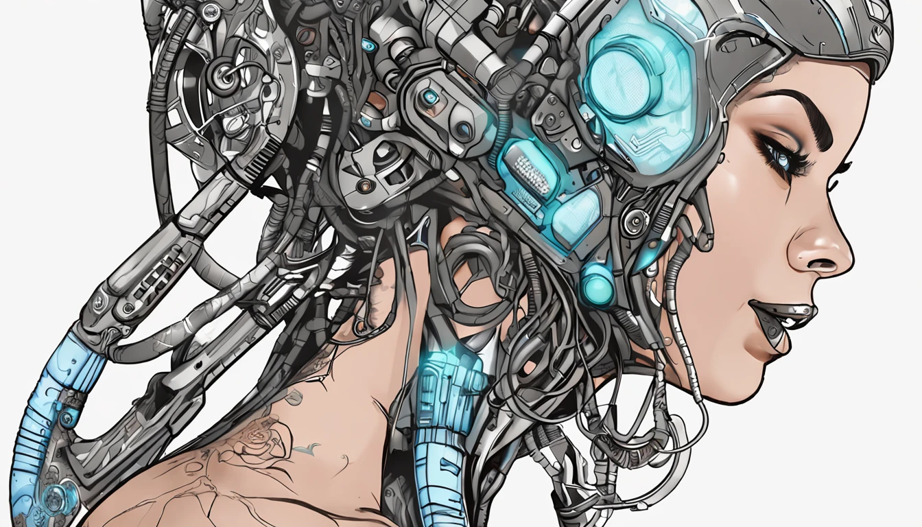 a cyber cyborg female Anthropomorphic beautiful - looking cyborg female dj djing energeticl lilvly excited raving , vibing with tattoos very thick moist lips perfect anatomy detailed face detailed fingers detailed mouth detailed skin detailed eyes detailed incarnate in a tub detailed cybernanos cyberskin