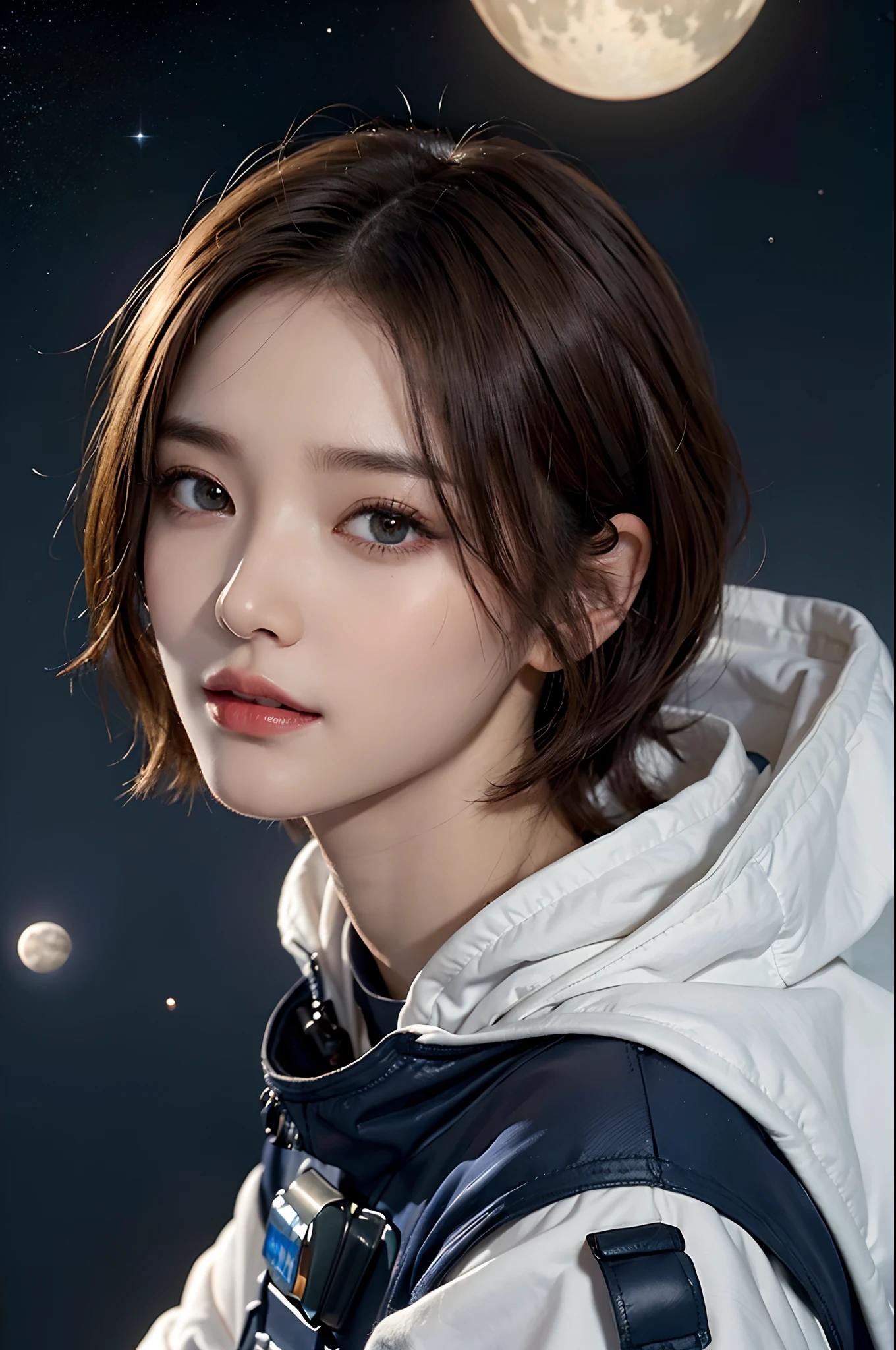 top-quality、​masterpiece、超A high resolution、(realisitic:1.4)、１femele、Beautiful detail eyes and skin、ssmile、Light brown short-cut hair、Petite bust、The perfect spacesuit、spaceships、Desolate planets、Half moon in outer space、