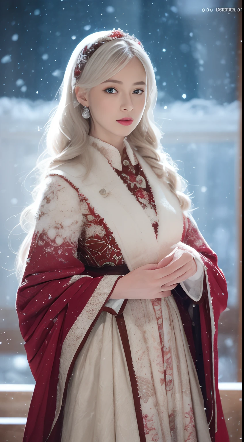 (Best quality, 8K, 32K, masutepiece, ), (1 slender woman of Japan, 28 years old, High intaglio printing model),Photorealistic, high resolution, 1 Women, Solo, (Lolita costume),Gorgeous costumes,Face the audience,(The upper part of the body,upper legs), beautidful eyes, White hair, ringed eyes, (outside,Heavy snowfall,Cloak,Cover with snow),snowfield,Blue eyes,Illustrations of the highest quality,A meticulous face