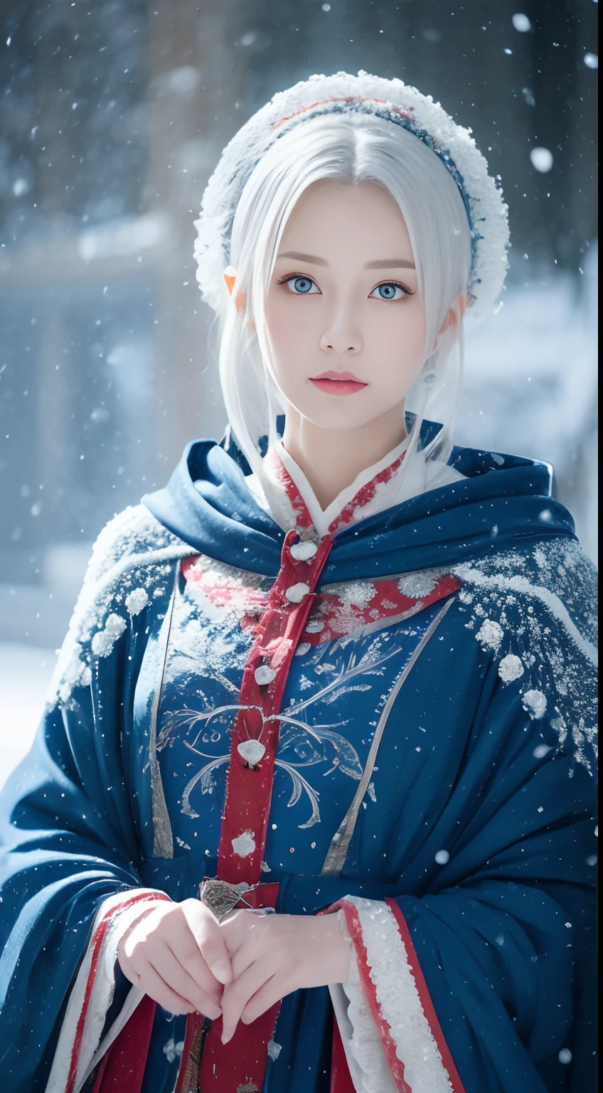 (Best quality, 8K, 32K, masutepiece, ), (1 slender woman of Japan, 28 years old, High intaglio printing model),Photorealistic, high resolution, 1 Women, Solo, (ta costume),Gorgeous costumes,Face the audience,(The upper part of the body,upper legs), beautidful eyes, White hair, ringed eyes, (outside,Heavy snowfall,Cloak,Cover with snow),snowfield,Blue eyes,Illustrations of the highest quality,A meticulous face
