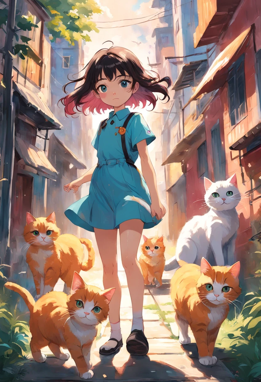 children's story, menina que ama gatos, menina de 8 anos rodeada de gatos, Illustration in vivid and colorful style, Sunny scenery, happy and lively expressions, olhos brilhantes e curiosos, cabelos castanhos cacheados, colored ties in the hair, delicate and smooth drawing strokes, uso de cores vibrantes, texturas detalhadas nos pelos dos gatos, environment full of fun and joy.