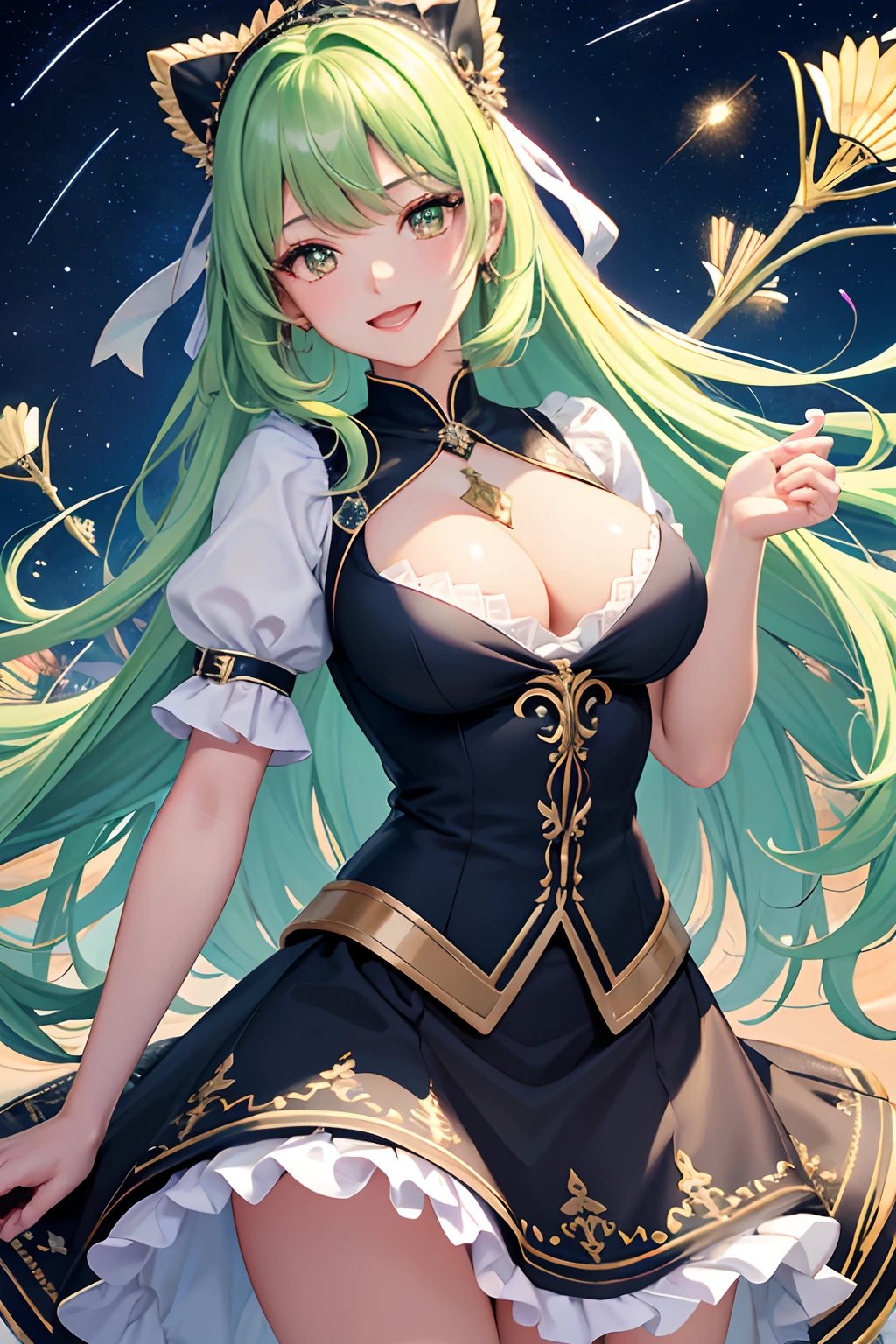 long skirt、Pull up your skirt、Flip the skirt、Skirt twisting、Green underwear、Green lingerie reprimand、get angry!、(masterpiece、top-quality、top-quality、art by、Beautifully Aesthetic:1.2)、(1girl in:1.3)、(Fractal Art:1.3)、Chest out, absurderes, superfine illustration,rainboweffect, Green Apatite Hair, hight resolution, ultra-detailliert,Light diffusion,highly detailed light reflection, Kaleidoscope, Harmonious, Best Shadow, highly detailed very beautiful big smile face, ;D, Beautiful growth、Crystal Diamond Star Pupil,look at viewr, beautiful detailed hair, Dynamic Pose, beautiful detailed pink and black ribon, beautiful detailed High school uniform, Fantastic and sparkling throughout、Shooting stars and windy background detail background